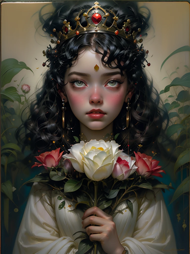 painting of a man in a crown holding a flower in front of a group of people, benjamin lacombe, tom bagshaw portrait, tom bagshaw weta studio, esao andrews and yoshitaka amano, adrian borda, art tom bagshaw, ghibli tom bagshaw, !!!esao andrews!!!, tom bagshaw donato giancola