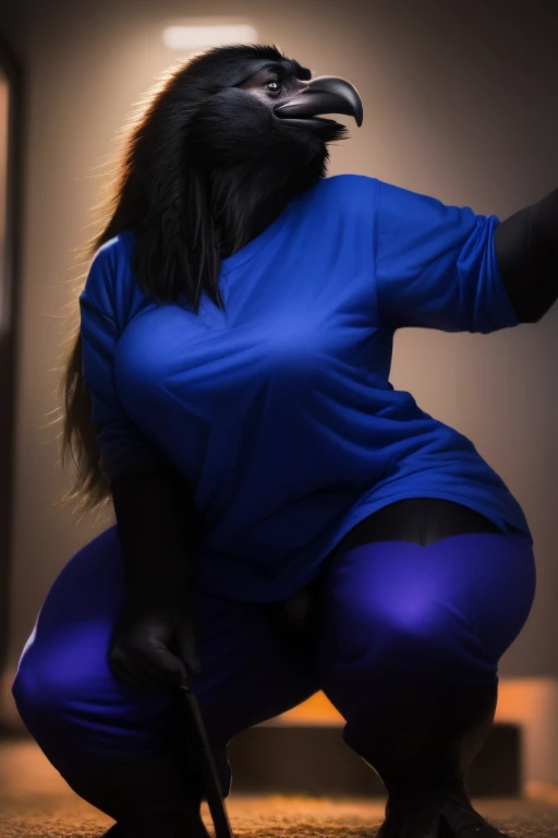 raven, anthro avian corvid, beak, female,large breasts, ((winged-arms)), clothes, baggy t-shirt, cute, happy, posing, portrait, looking at viewer, (sex: 1), (((naked))), looking aroused, blushing, legs spread, laying down