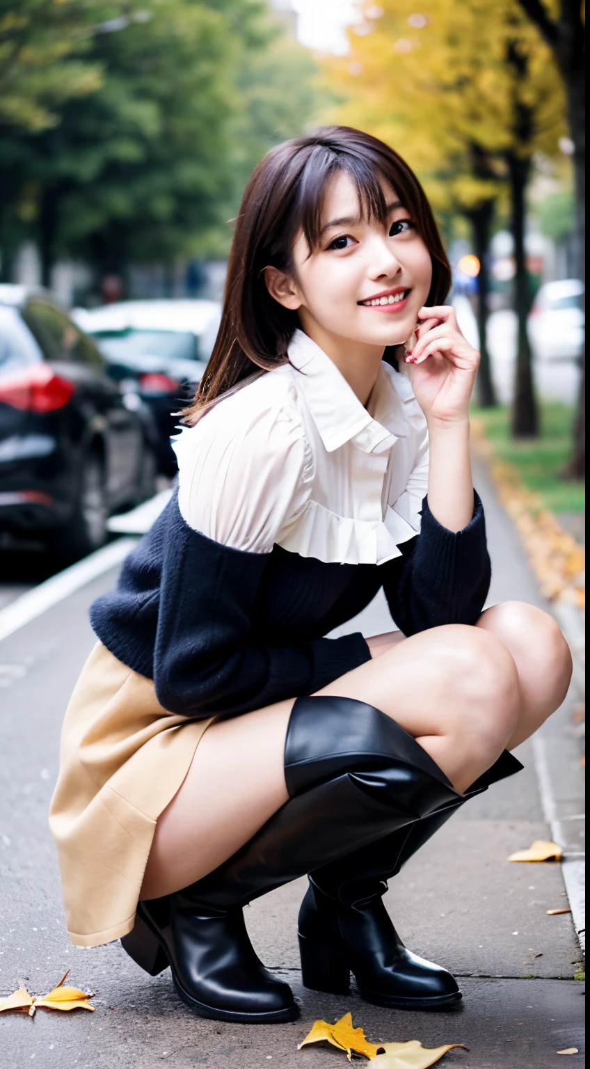 Best-quality, Masterpiece, Ultra-High-Resolution, (Photorealistic:1.4), Raw-Photo, Extremely-Details, Perfect-Anatomy, 

1girl, the most famous Japanese model, standing on street with autumn leaves and trees, fullbody-shot, from below, looking at viewer, beautiful smile, wearing trench short coat and white blouse with frills and pleated miniskirt and knee high boots, extremely beautiful face like a most popular Japanese model, extremely beautiful big black solid circle eyes, extremely beautiful hair, extremely beautiful realistic skins, excitement beautiful breasts, detailed trench short coat, detailed white blouse with frills, detailed pleated miniskirt, detailed knee-high-boots