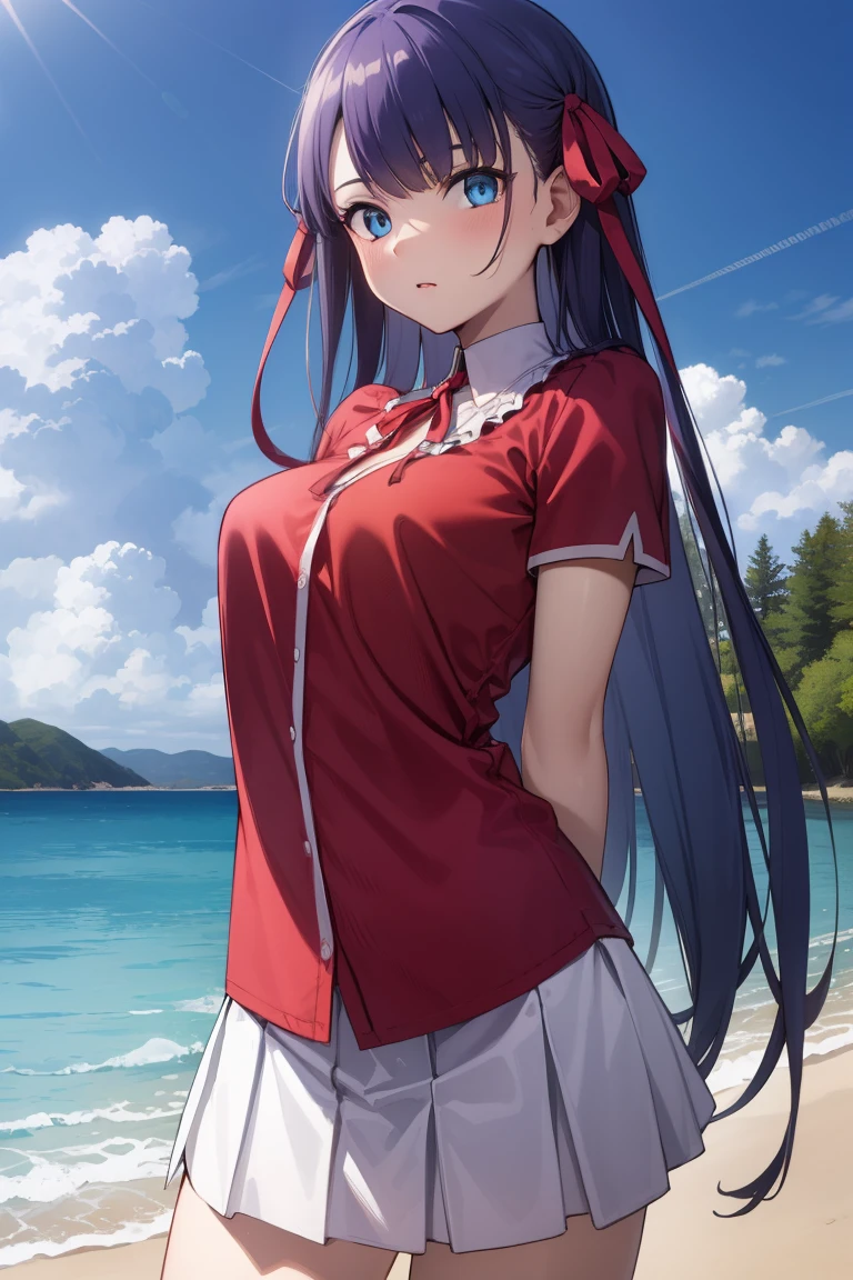 fgomartha, martha, blue eyes, blunt bangs, purple hair, straight hair, long hair,
BREAK white skirt, red ribbon, pink shirt, pleated skirt, bangs, neck ribbon, puffy short sleeves,
BREAK looking at viewer,standing, leaning forward, (arms behind back:1.2),
BREAK outdoors, beach,
BREAK (masterpiece:1.2), best quality, high resolution, unity 8k wallpaper, (illustration:0.8), (beautiful detailed eyes:1.6), extremely detailed face, perfect lighting, extremely detailed CG, (perfect hands, perfect anatomy),