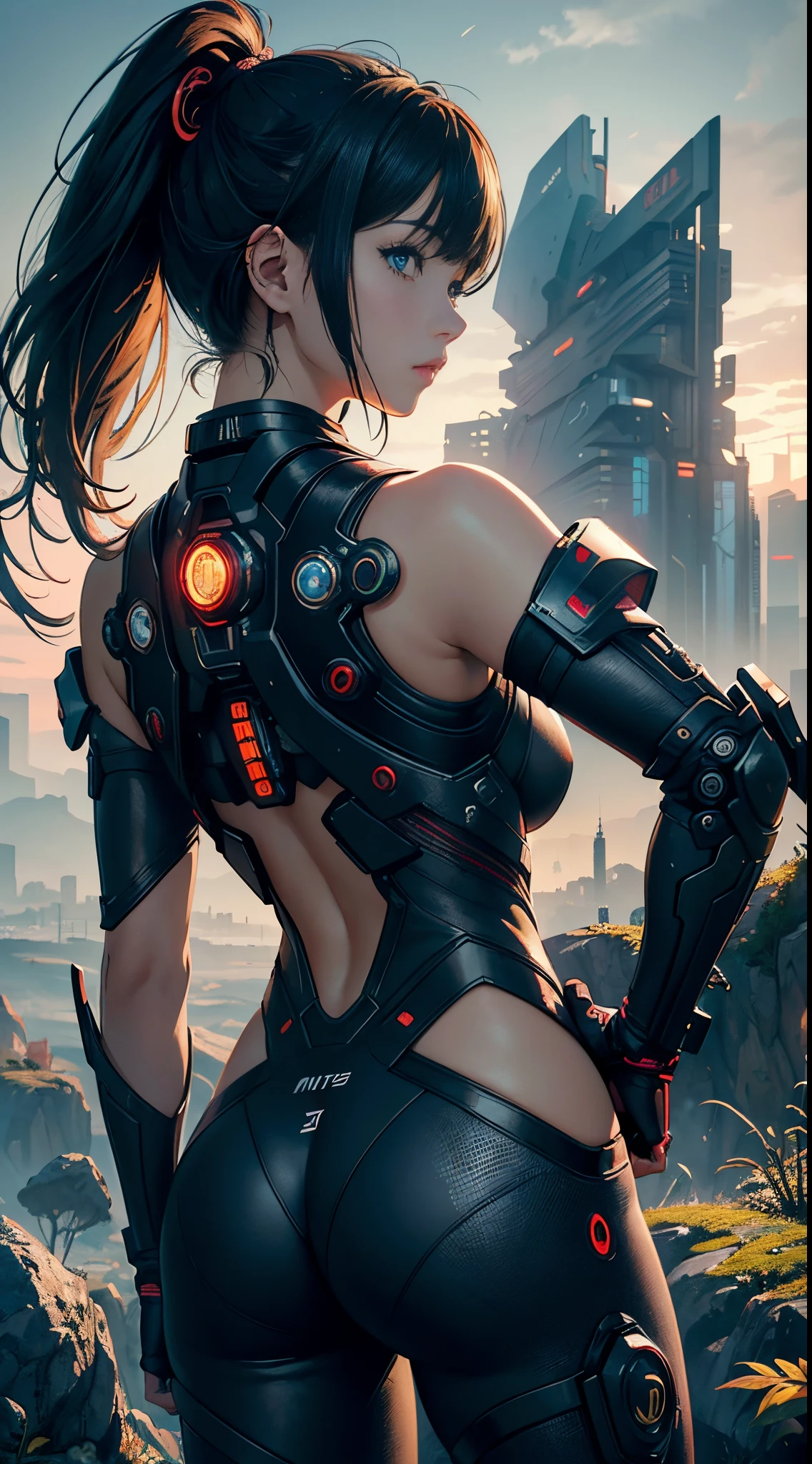 (best quality,4k,8k,highres,masterpiece:1.2),ultra-detailed,(realistic,photorealistic,photo-realistic:1.37),cyberpunk landscape,futuristic fantasy,panoramic scenery,back shot of a pseudo-JK girl seen from afar,dress and exposure,fantasy motive,NSFW,watercolor painting,inspired by Kuniyoshi, Hokusai, Klimt, and Mobius,ultimate detailed background,bright and colorful color tone,cyborg,aerial,nature,dystopia,utopia,autumn foliage