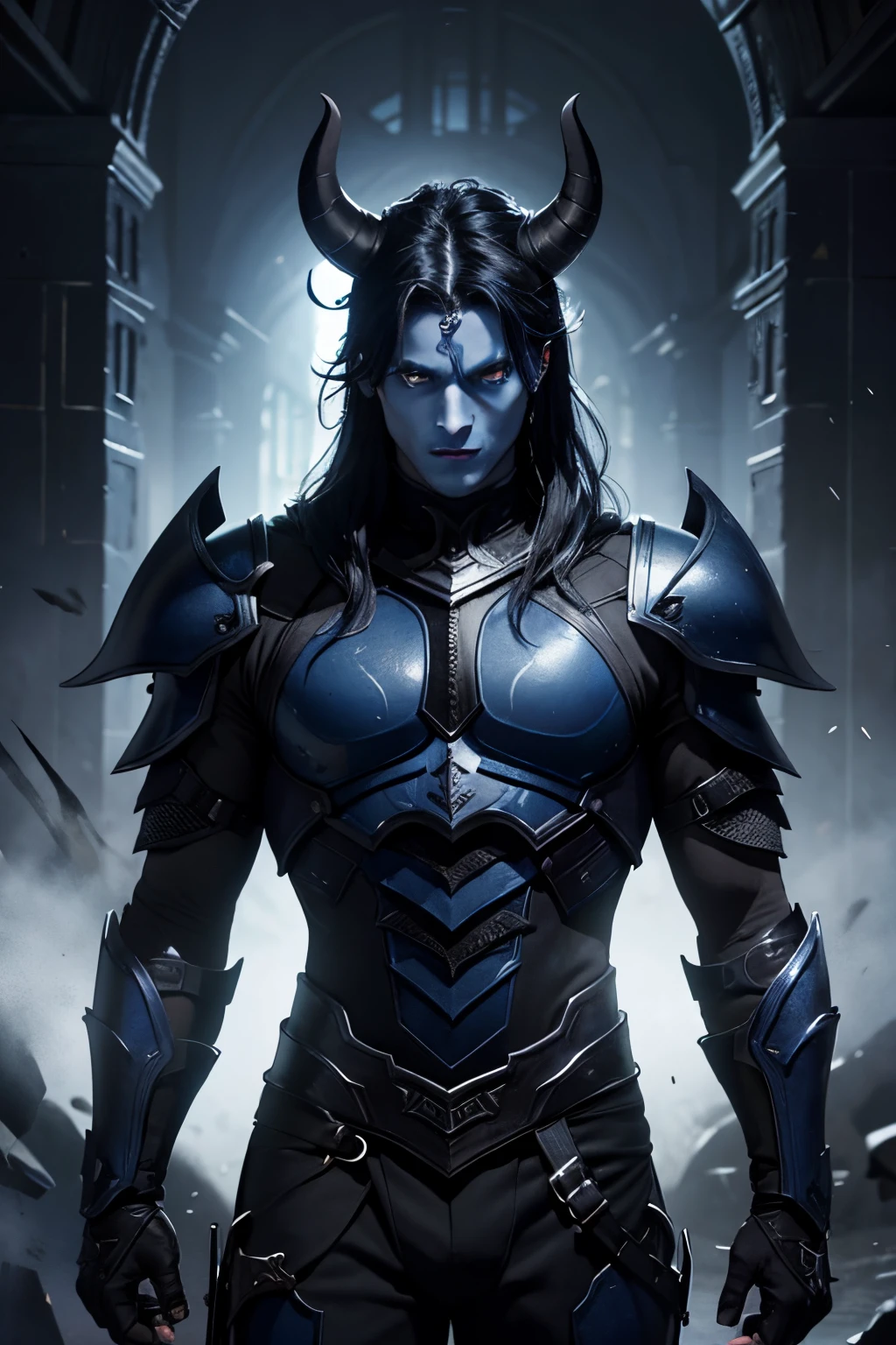 Male Demon,dark blue skin,blue eye,black horn,black armor