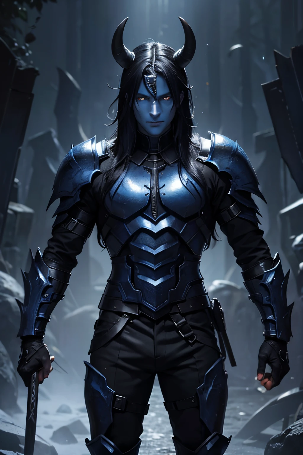 Male Demon,dark blue skin,blue eye,black horn,black armor