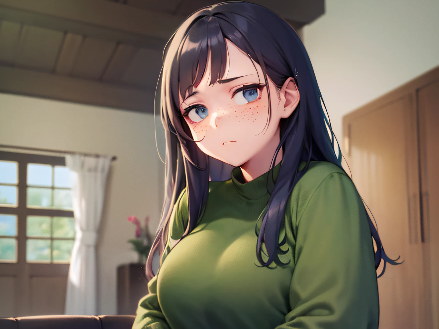 masterpiece、top-quality、wearing an orange blouse、Alone、((55-year-old aunt、the presence of freckles on the cheeks、Depressed and gloomy look、Wrinkles on face))、(Very plump body:1.1)、(very thick waist:1.3)、(thick thight:1.3)、(Saggy)、The background is the living room、Bold composition、(Staring:1.5)、Staring at the camera、Wrinkles at the corners of the eyes、Black long hair、full body photographed、Precise images、jitome