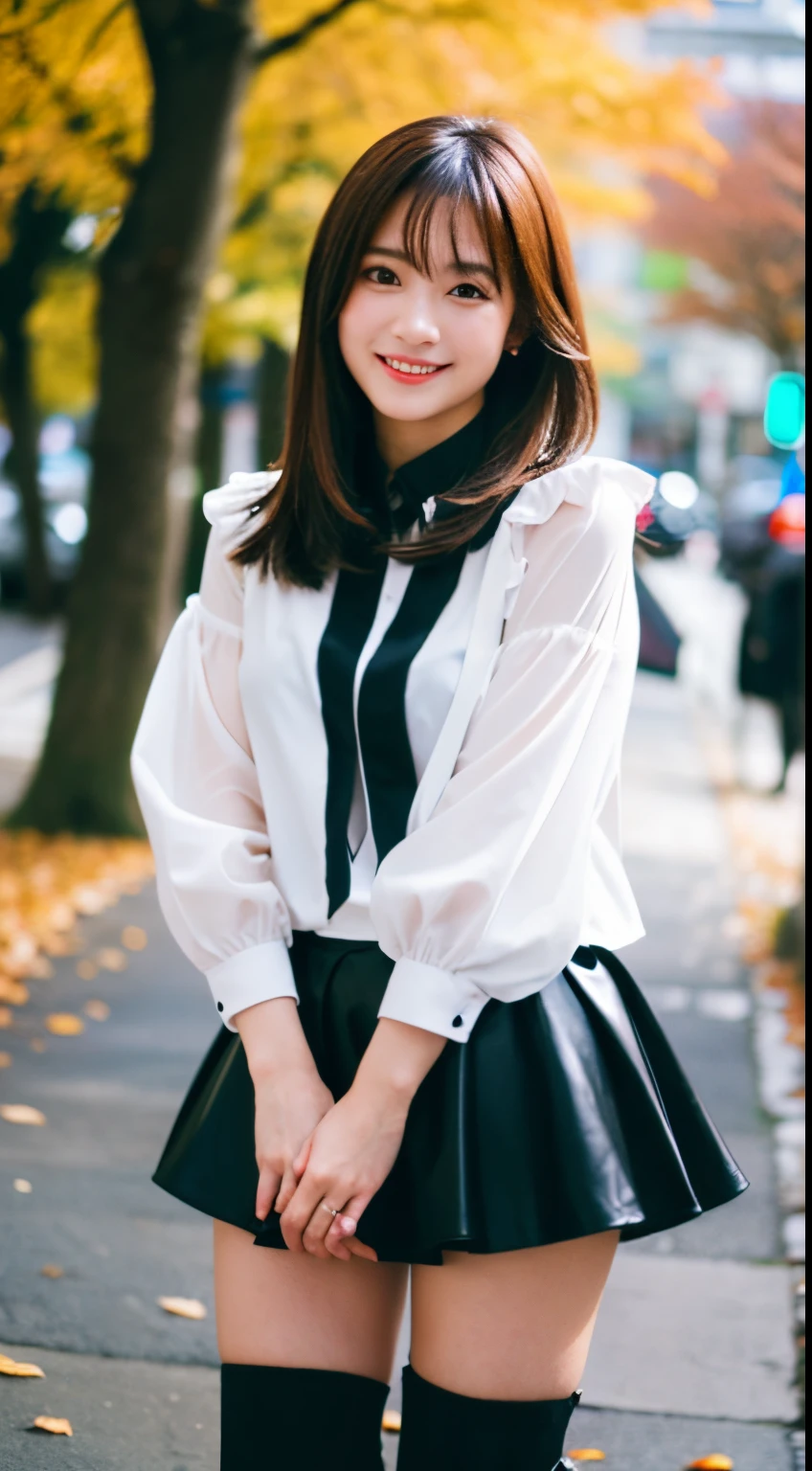 Best-quality, Masterpiece, Ultra-High-Resolution, (Photorealistic:1.4), Raw-Photo, Extremely-Details, Perfect-Anatomy,
1girl, the most famous Japanese model, standing on street with autumn leaves and trees, fullbody-shot, from below, looking at viewer, beautiful smile, wearing trench short coat and white blouse with frills and pleated miniskirt and knee high boots, extremely beautiful face like a most popular Japanese model, extremely beautiful big black solid circle eyes, extremely beautiful hair, extremely beautiful realistic skins, excitement beautiful breasts, detailed trench short coat, detailed white blouse with frills, detailed pleated miniskirt, detailed knee-high-boots