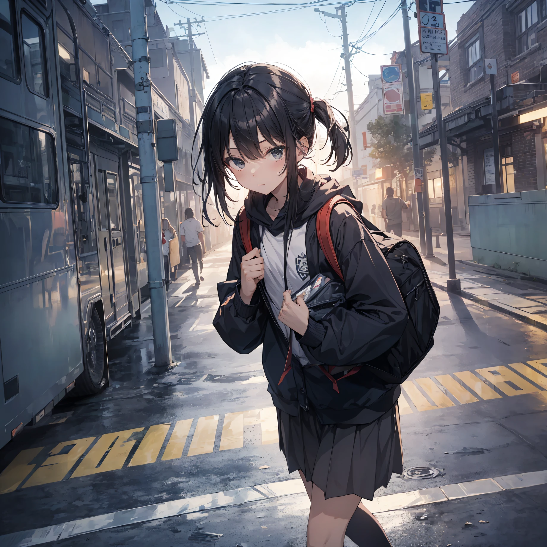 god quality,  anime moe artstyle,best anime 8k konachan wallpaper,badass anime 16k,perfect anatomy, (Please draw a girl walking sleepily to school. :1.3),break, 1girl, (Solo,Loli,,13-ye-ol5),a ior high sccharm, (Very Short hair), Full limbs, complete fingers,flat chest, Small butt, groin, Small eyes,beatiful detailed black eyes,disgusted eyes, school Uniform, in the School commute route. break,ultra-detailed,high resolution,super detailed skin, professional lighting,(god illustration:1.2),