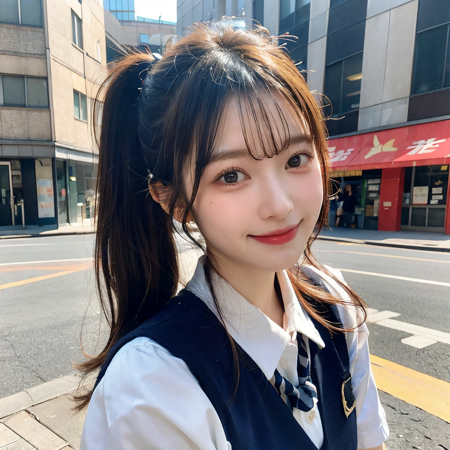 1 person beauty、Wearing school uniform、poneyTail、A smile、photo shot、street corner、portrait 8k