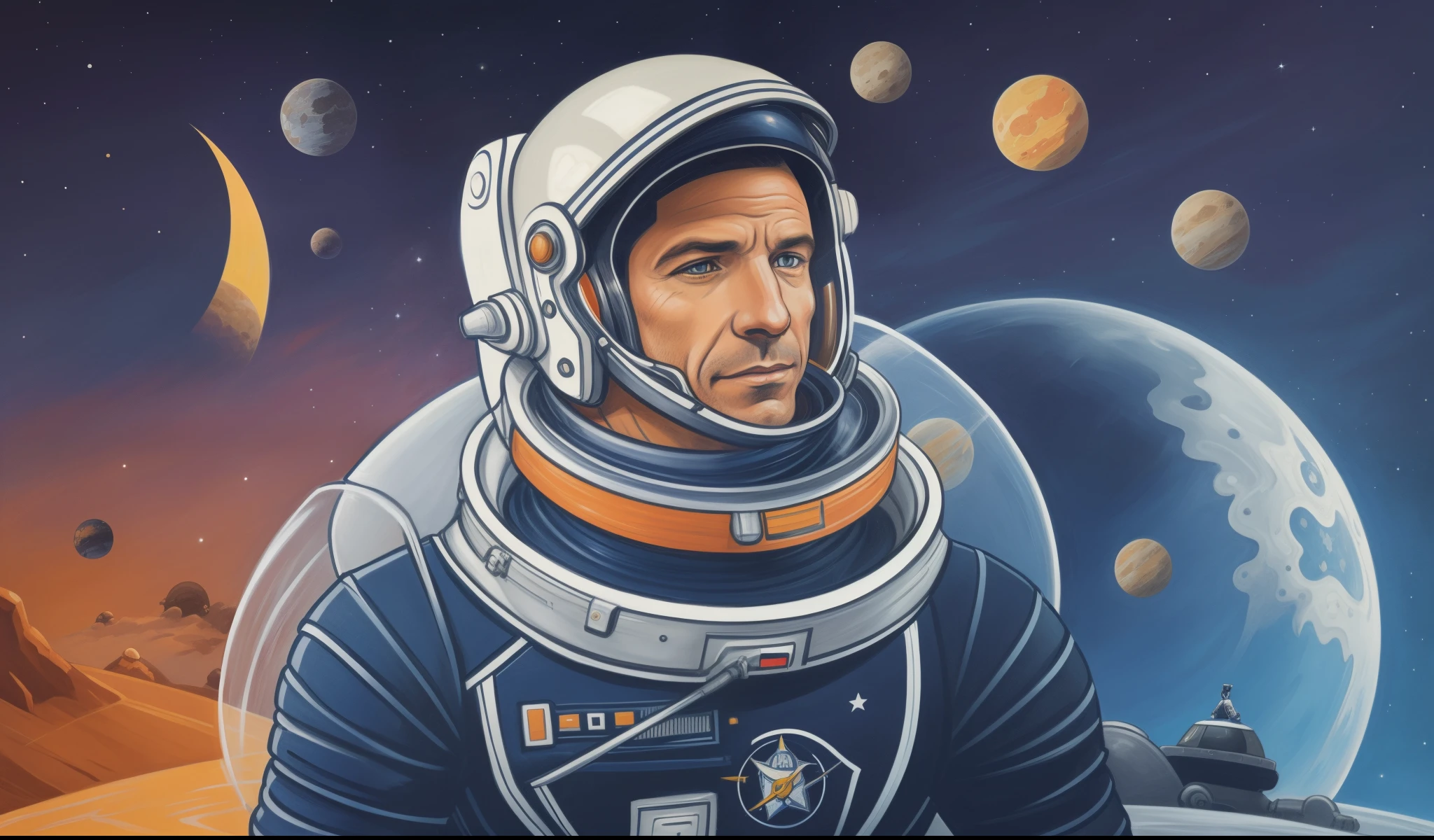 pintura de um homem em um traje espacial com planetas ao fundo, Retrato do astronautaa, Retrato de um astronautaa de IA, Retrato de um astronautaa, astronaut lost in liminal space, cosmonauta, astronautaa futurista, astronautaa detalhado, Astronaut in Space, astronautaa americano, Epic portrait illustration, Um astronautaa perdido no oceano, vestido com traje espacial, em traje espacial, astronauta