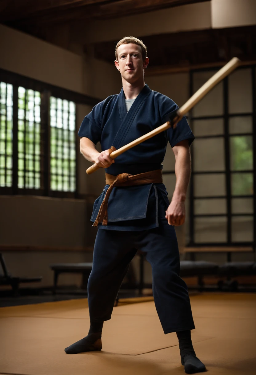 A photo of Mark Zuckerberg in a kendo dojo, wearing traditional kendo armor and holding a bamboo sword with a focused expression on his face.,original,Zuckerberg maintains a notably consistent personal style, famously known for his simple gray t-shirts and hoodies, which reflect his utilitarian approach to life and work. He has a youthful, clean-cut look with short, curly hair and typically wears jeans or casual trousers, projecting an image of approachability that aligns with the casual culture of Silicon Valley.