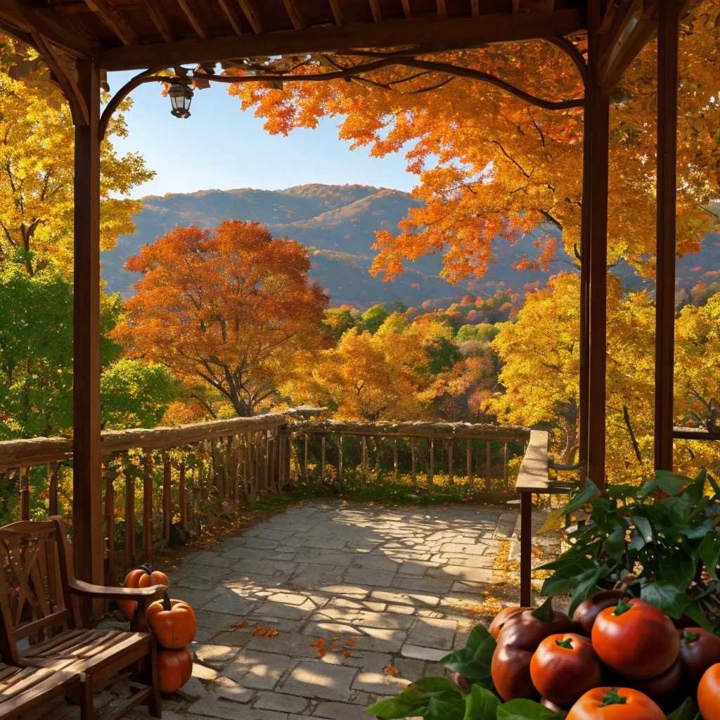 Relieved　countryside　country　Thatched　autumnal　Colored leaves　veranda　mont　rivulets　catss　persimmon　Nostalgic