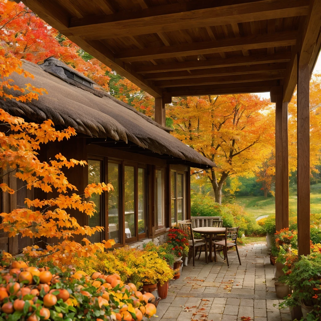 Relieved countryside country Thatched autumnal Colored leaves veranda mont rivulets catss persimmon Nostalgic