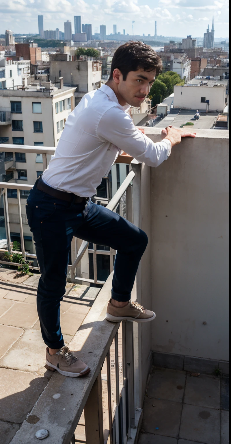 1 man standing on the balcony overlooking the city, Stand naturally,