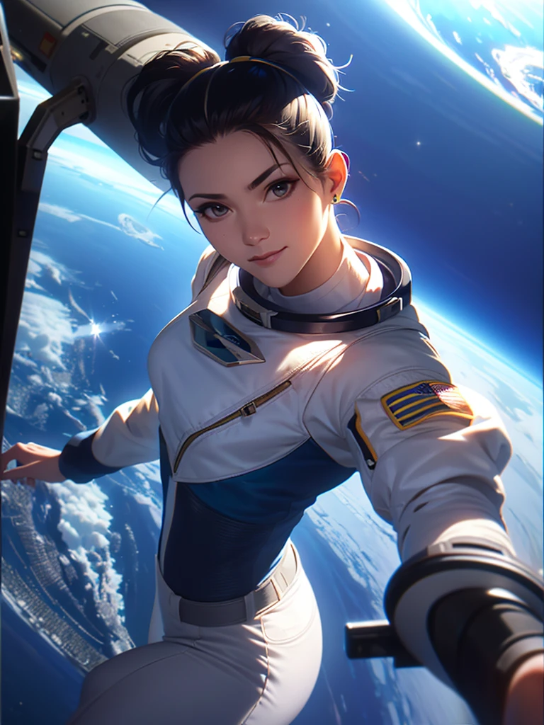 in the international space station, view the earth from space, astronaut beauty girl, black ponytail hair, impressed for earth.