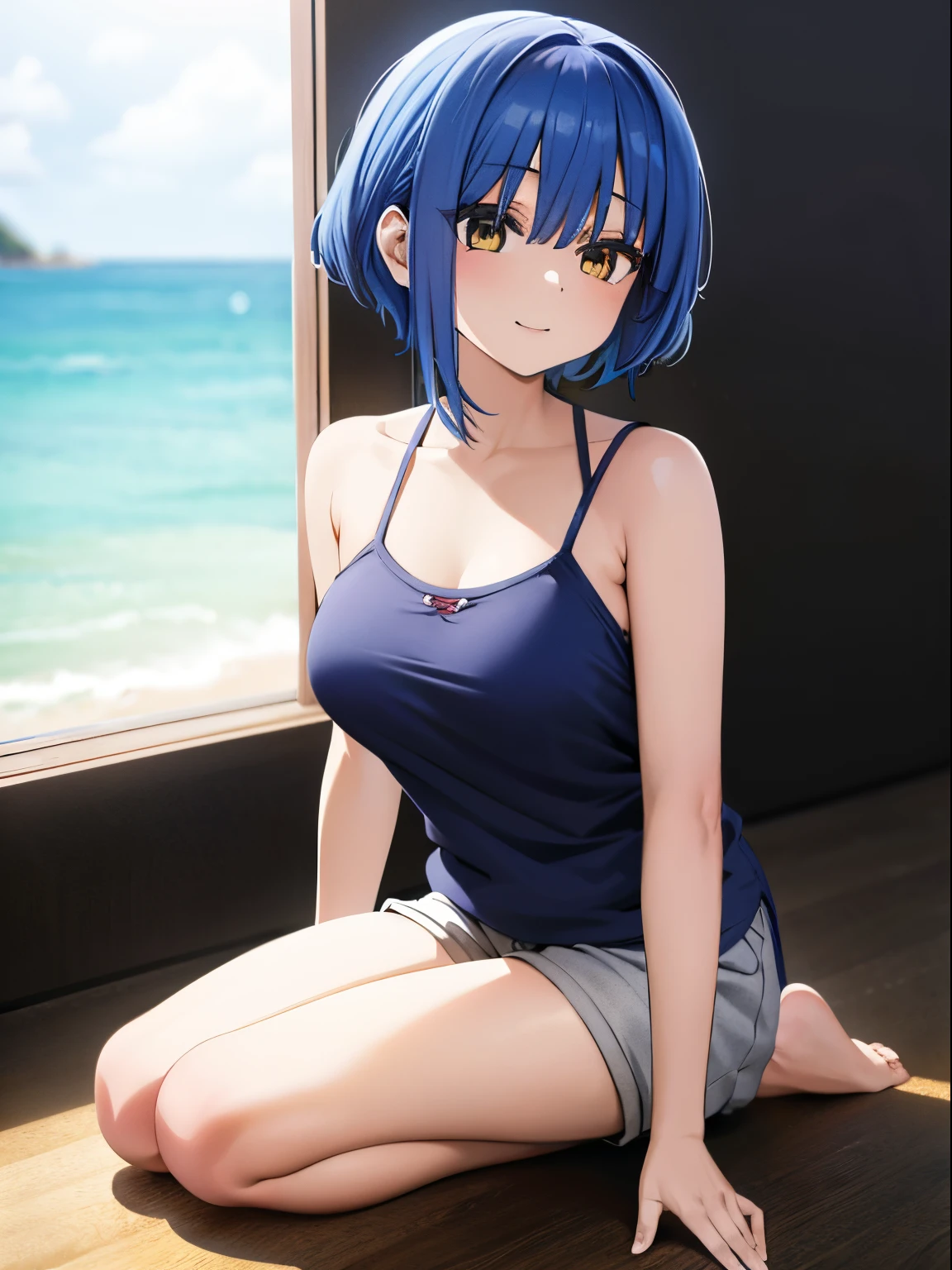 anime girl with blue hair sitting on the ground in front of a window, anime moe artstyle, short blue haired woman, seductive anime girl, the anime girl is crouching, rei hiroe, an anime girl, 2 d anime style, young anime girl, anime visual of a cute girl, full body portrait of a short!, attractive anime girl, in anime style, 1girl in、25-years old、large boob、I can see the lower breasts、full body Esbian、A dark-haired、hotpants、pantiy、Beach、A slight smil、