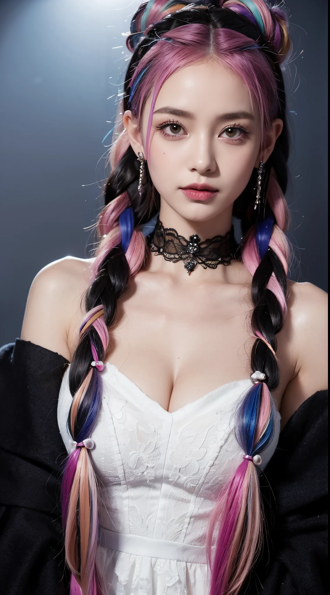 Generate an image of a woman with streaked multicolored hair, wearing a mini top hat and a tiara. She has expressive eyes with mismatched pupils, wearing heart-shaped eyewear and a blindfold, showcasing a blend of surrealism and gothic art influences. Her hair is styled in twin braids with accessories like beads and hair ribbons. The expression on her face is a combination of a light smile and mysterious glint. Additionally, she wears a lace choker and crystal earrings, completing the look with a hood and cloak. The scene is framed with cinematic lighting and depth of field, emphasizing the details of her colorful and unique appearance.