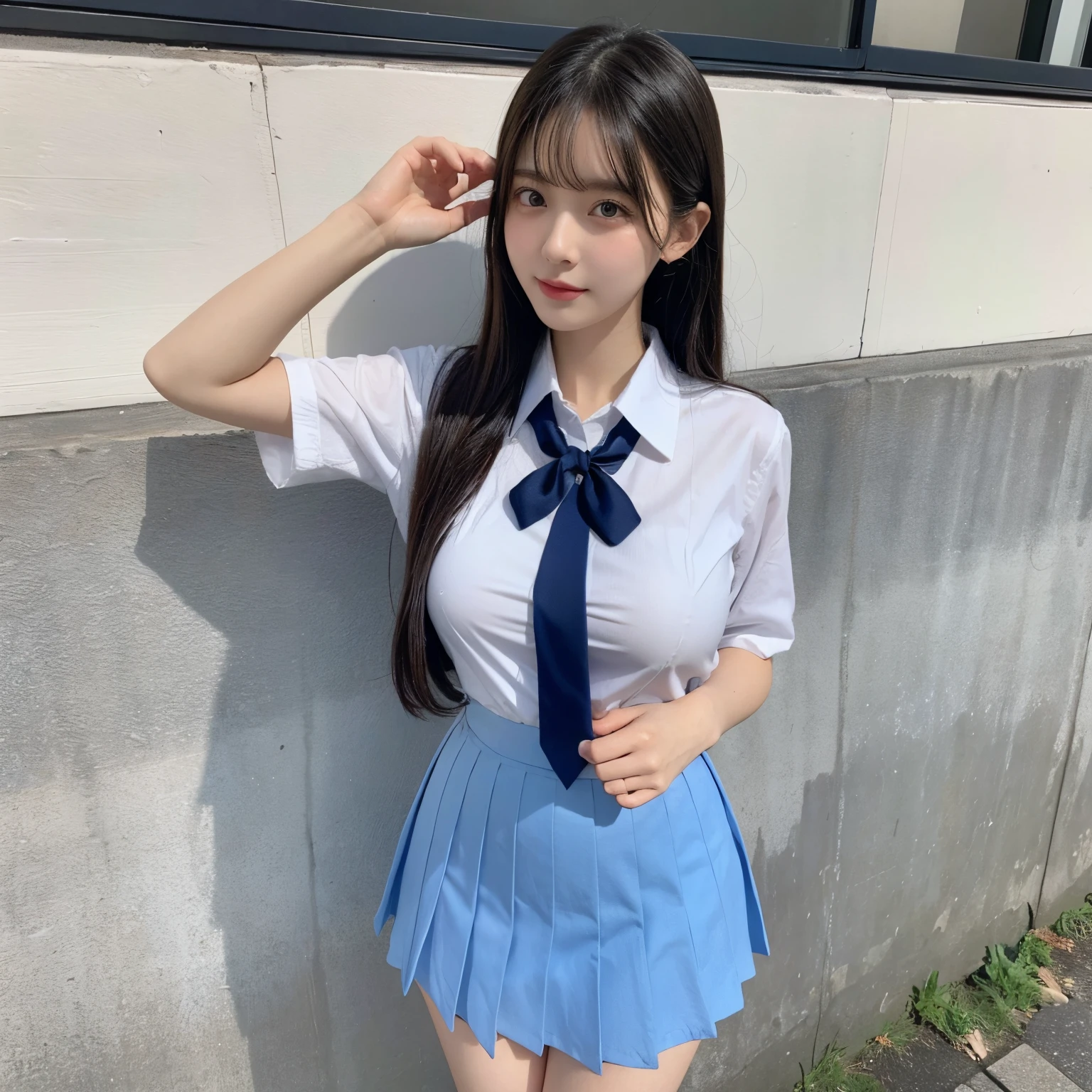 1 person beauty、Colossal tits、Slimed、Wearing school uniform、school uniform is blue、The skirt is white、the skirt is short、