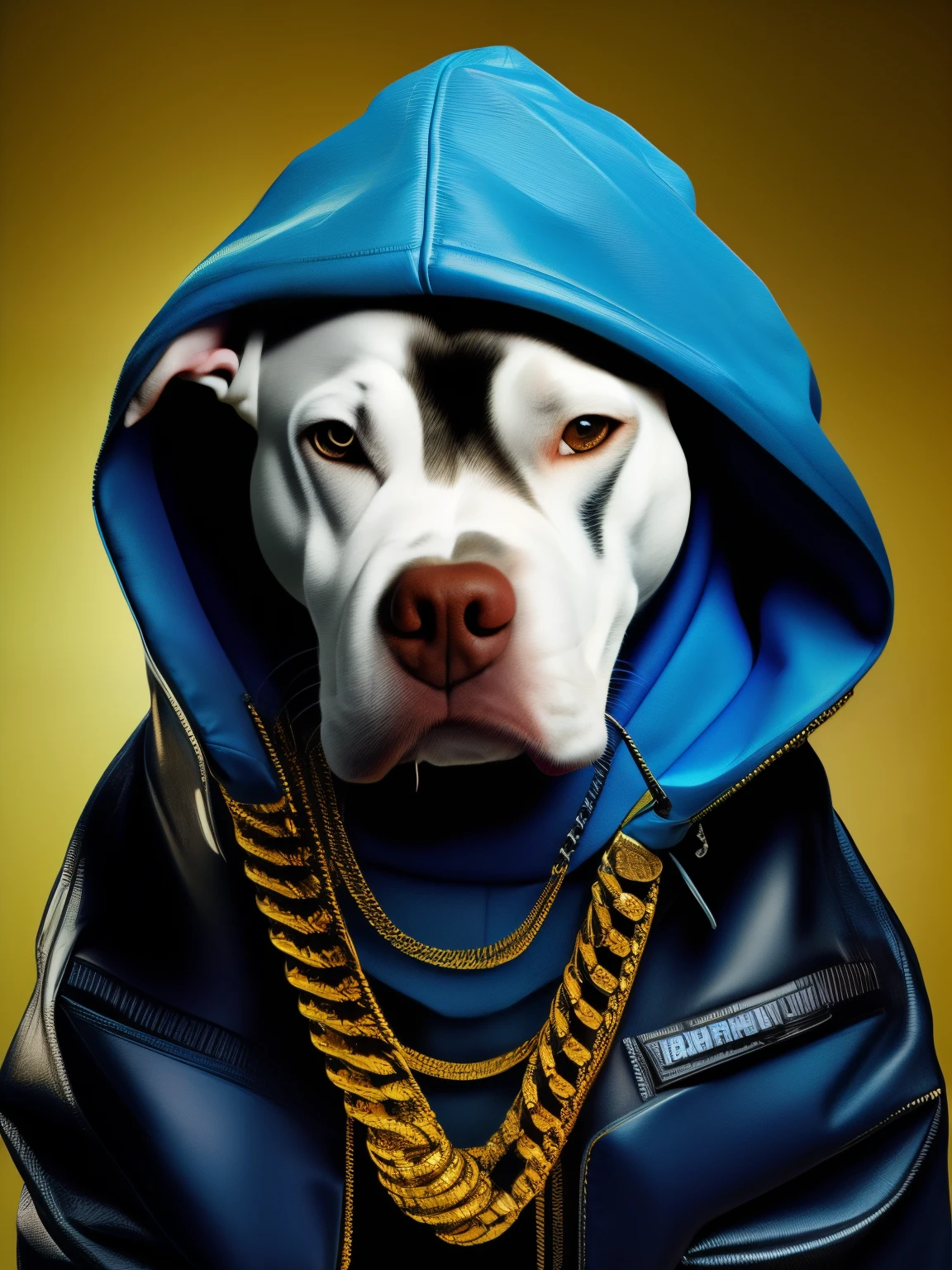 BlackholeEngine A Pitbull dog wearing a blue hood and a chain around its neck