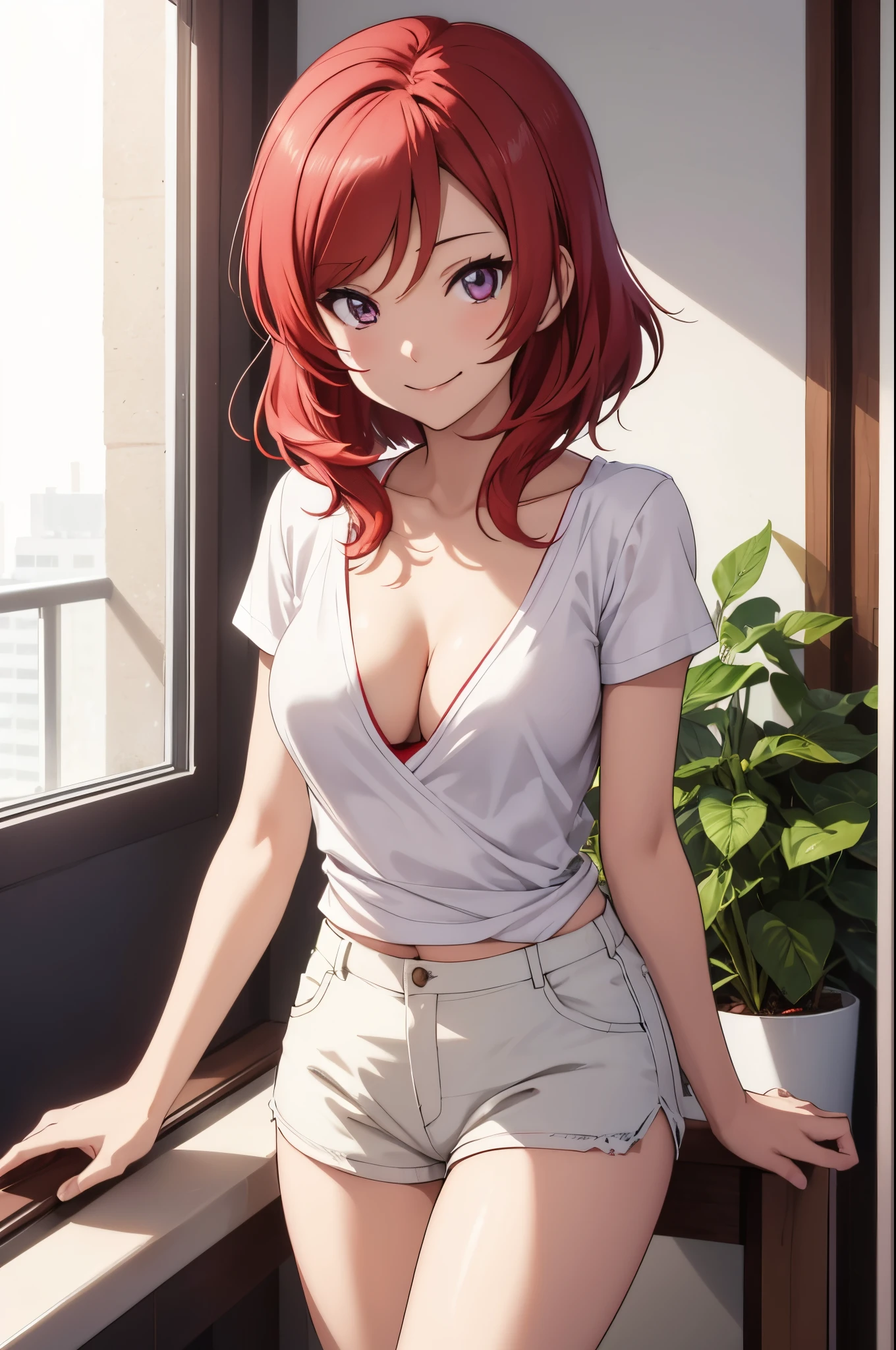 Nishikino maki, white t-shirt, slightly exposed cleavage,red hot small shorts, smile,in balcony