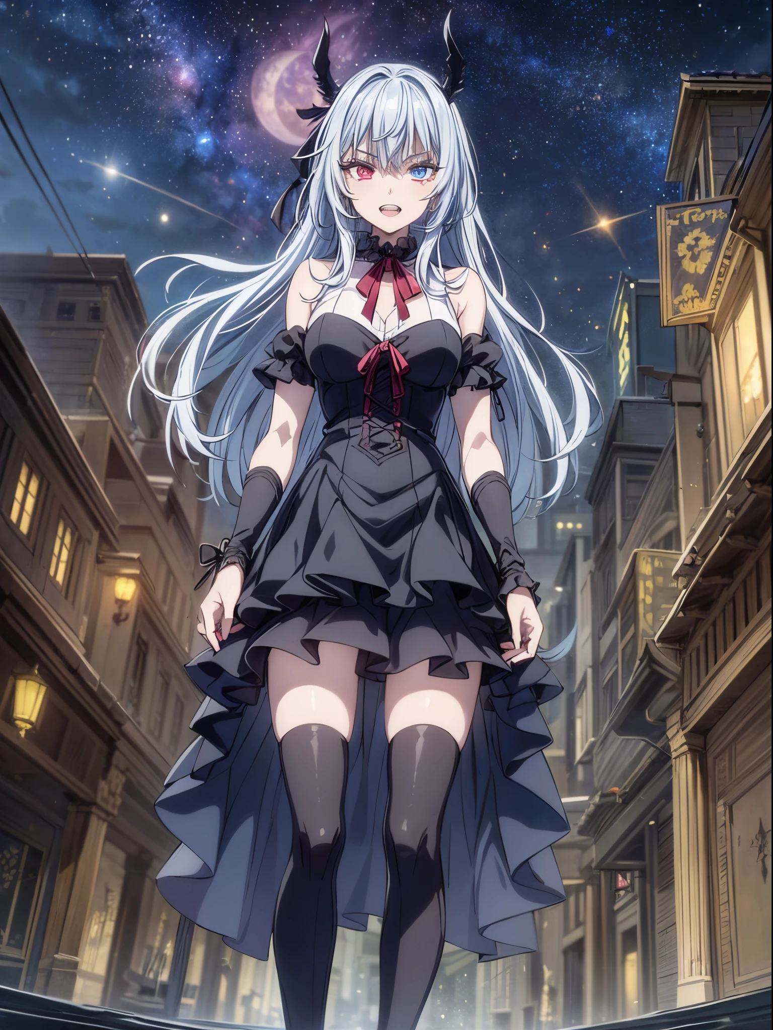 (1 adult girl), (Ruminas of tensei shitara slime datta ken), silver hair, (((heterochromatic eyes shine deep sky blue and light red))), very beautiful, (((two canine teeth))) , (((vampire teeth))), (right iris bright red), (left iris bright blue), gothic dress, (in the destroyed city with starry sky and moon full of blood), wearing black high-heeled boots to the ankle, (wearing a black ribbon tied on the right side of the head), standing, eye reflection, glowing eyes, bad mood, anime, anime style, ray tracing, cinematic lighting, panorama, Sony FE, UHD, UHD, artwork -raw, accurate, textured skin, super detail, high details, best quality, high resolution, 16k