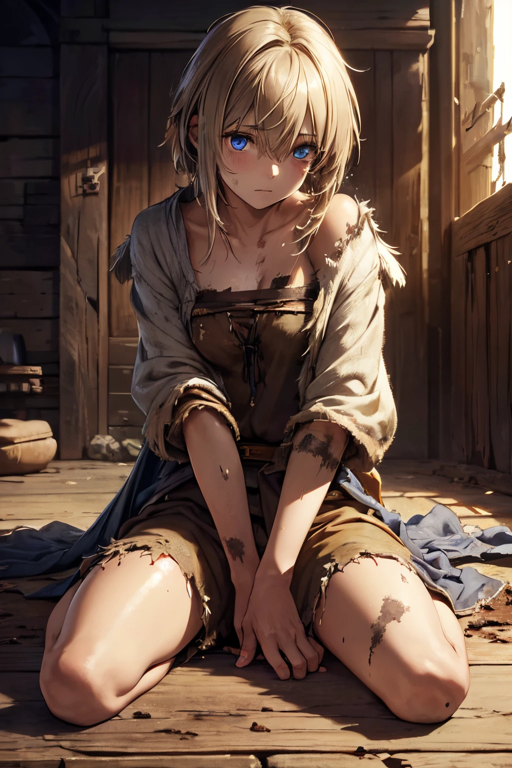 (High quality, High resolution, Fine details), Realistic, Medieval Fantasy World, Beggar Girl, (Tattered clothes, Shaggy hair, Dirty skin, Scratches and bruises, Frail body, Lack of energy), Sitting, solo, sparkling eyes, (Detailed eyes), Shallow depth of field