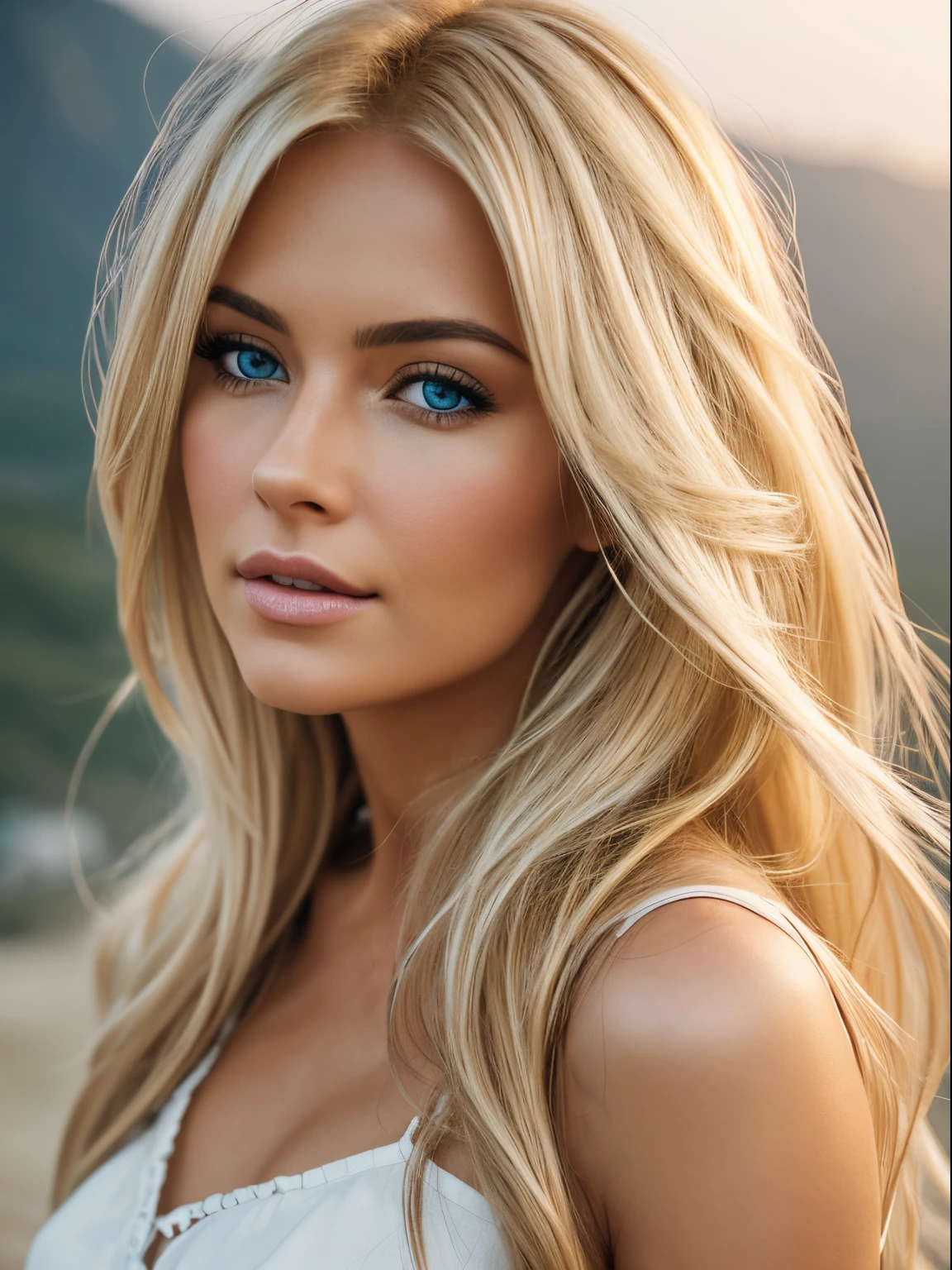 A realistic photo of a very beautiful blonde British woman, looking at the camera. Her face is glamorous. Eyes are bright and have a shine in it. Hair is very smooth. She is 25 years old. She should be very alluring.