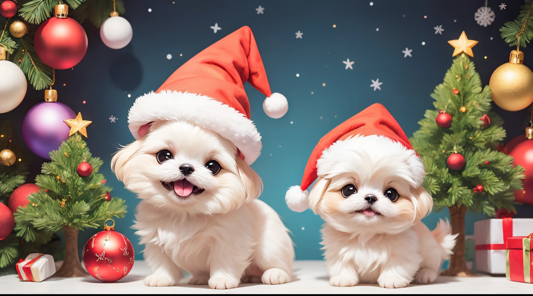 3D vector art、Colorful cute white pekingese dog、wearing a christmas hat, cute christmas present, Ultra-realistic high quality, Cute and quirky, Fantasy Art, Watercolor effect