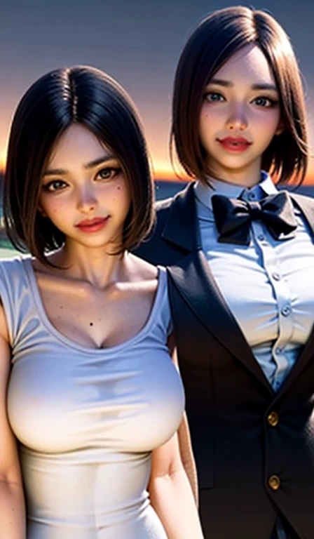 (masutepiece, Best Quality, 8K, nsfw,navel,naked,Sharp Focus, depth of fields, Best Shadows, perfect lights, nffsw, Realistic skin texture, hyper detailed background, Detailed),, 2 women kissing (One of them has green eyes, White skin, Black hair and ponytail,Small breasts, slim, makeup, eye line, Glitter), (Other women have blonde hair), in the nightclub, cyberpunk theme, Cyberpunk City.