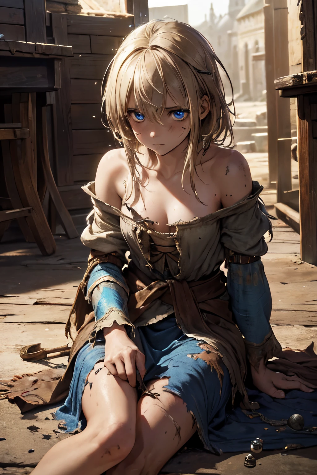 (High quality, High resolution, Fine details), Realistic, Medieval Fantasy World, Beggar Girl, (Tattered clothes, Shaggy hair, Dirty skin, Scratches and bruises, Frail body, Lack of energy), Sitting, solo, sparkling eyes, (Detailed eyes), Shallow depth of field