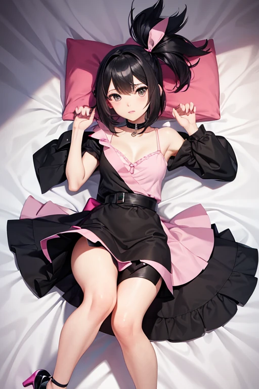 valerie from pokemon, black hair, pink and black dress, black high heels, woman, pink bedsheet, bed