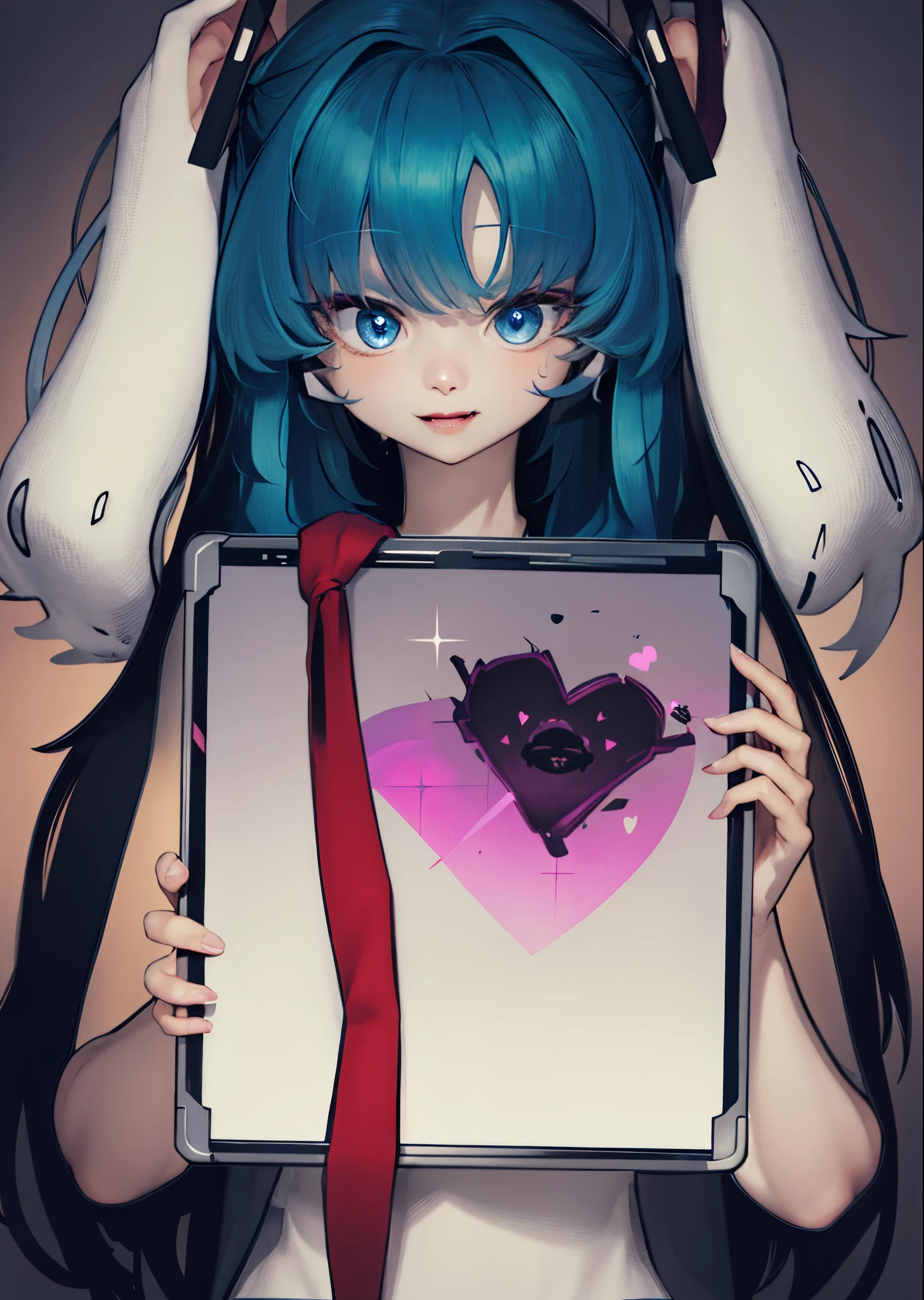 Anime girl holding a tablet with a heart.., Gapmoe Yandere, portrait knights of zodiac girl, knights of zodiac girl, Chica Nigromante Cyborg Santa, Anime Moe Artstyle, Mirai Nikki, Marin Kitagawa Fanart, Retrato completo de Elementalist, Sosteniendo el grimorio, retrato de medio cuerpo, Arte Zerochan, holding a pudica pose