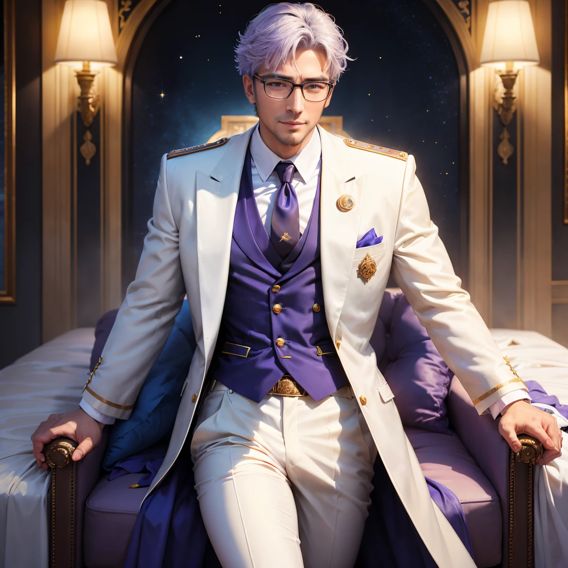 The resurrection of Roman Emperor Constantine the Great。34-year-old man。Italian。Gentle smile。careerist。The gentle yet overwhelming aura of a ruler。Bright and sharp eyes。eyes like a lion。Lavender colored shirt。blue tie。White suit。I wear glasses。Heir of a luxury resort hotel group。Fluffy short hair。Skinny but strong and muscular body。Long body。夏天。Resorts。sparkling sunlight。Cote d&#39;Azur seaside。Summer resort。modern。opulent。elegan。​masterpiece。ultra-quality。The world of romance novels。