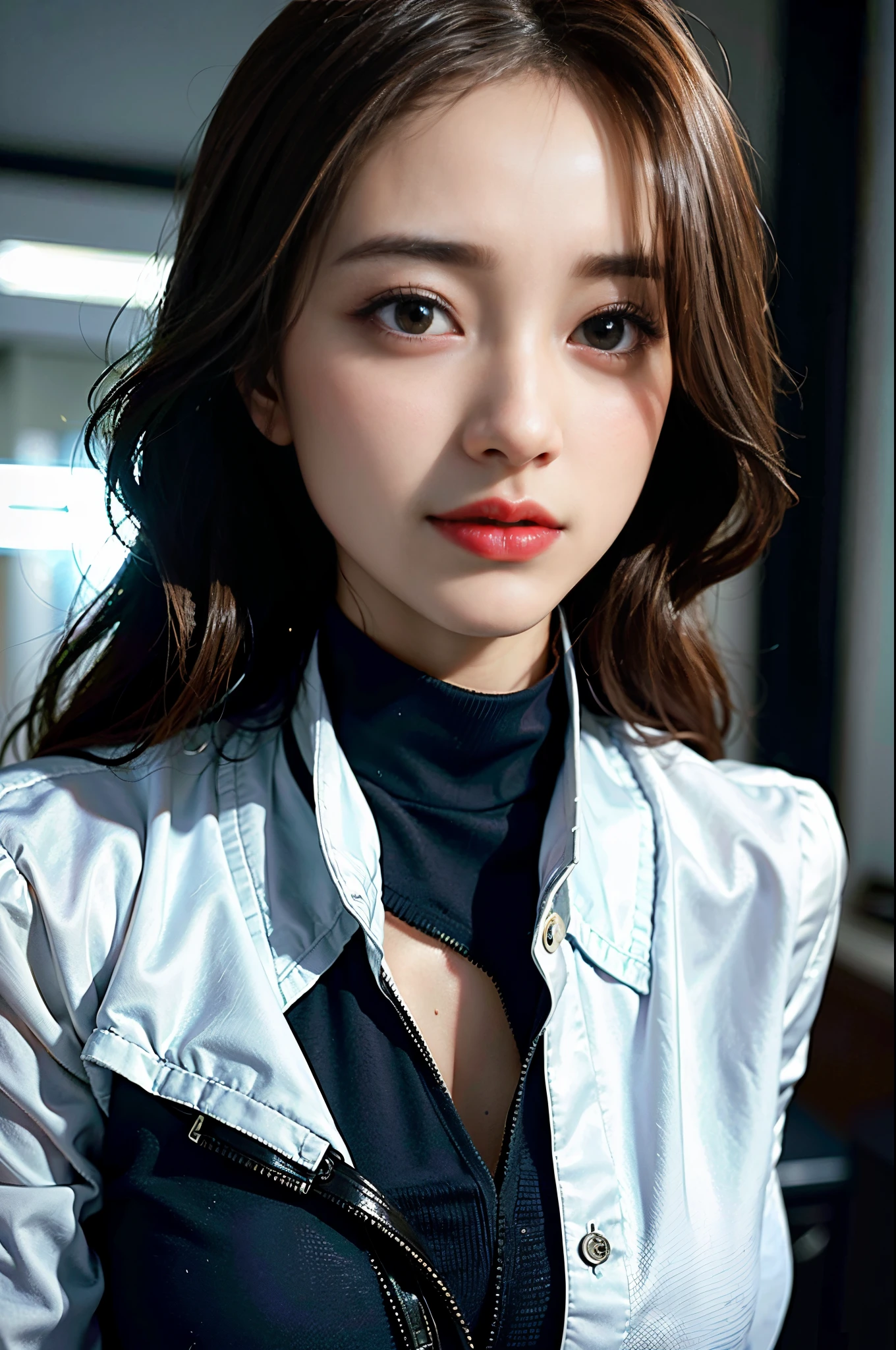 Female doctor,Wear a doctor's uniform,realisticlying,Dynamic Lights,brush-cut,Thin stature,cleavage,full shoot,(extremely detailed CG unified 8k wallpaper),high detal,tack sharp focus,drama,eye bags,eye lashes,Photoreality
