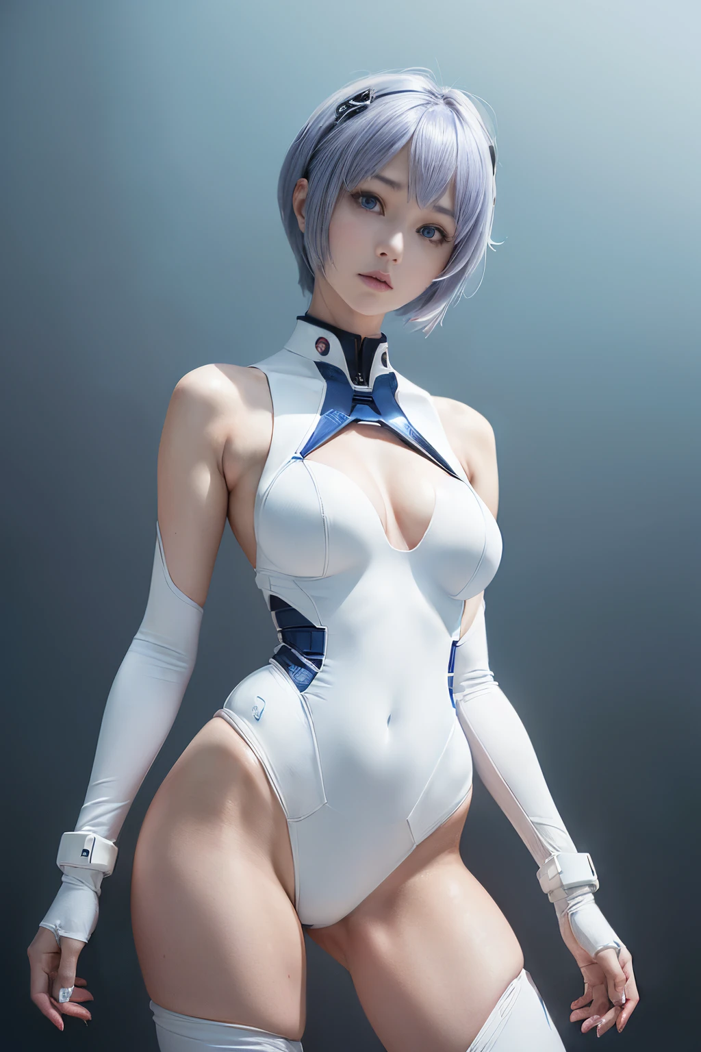 (masutepiece, Best Quality, Ultra-detailed, 8K, Wallpaper, Photorealistic), ((Perfect hands)), ((Perfect Anatomy)), medium cleavage, long round legs, Round Ass, ((charming anime girls)), ((Rei Ayanami)), ((Capturing her ethereal beauty with pale skin, Impressive detailed short indigo hair)), ((And bright crimson eyes that seem to hide mysterious depths)), ((She wears her signature white plug suit, Sleek and form-fit, With subtle blue accents)), ((Rei standing in a calm and enigmatic pose, Exudes an aura of otherworldly elegance and contemplation)), ((medium shot)), ((dynamic background)), ((Sensual Pose))