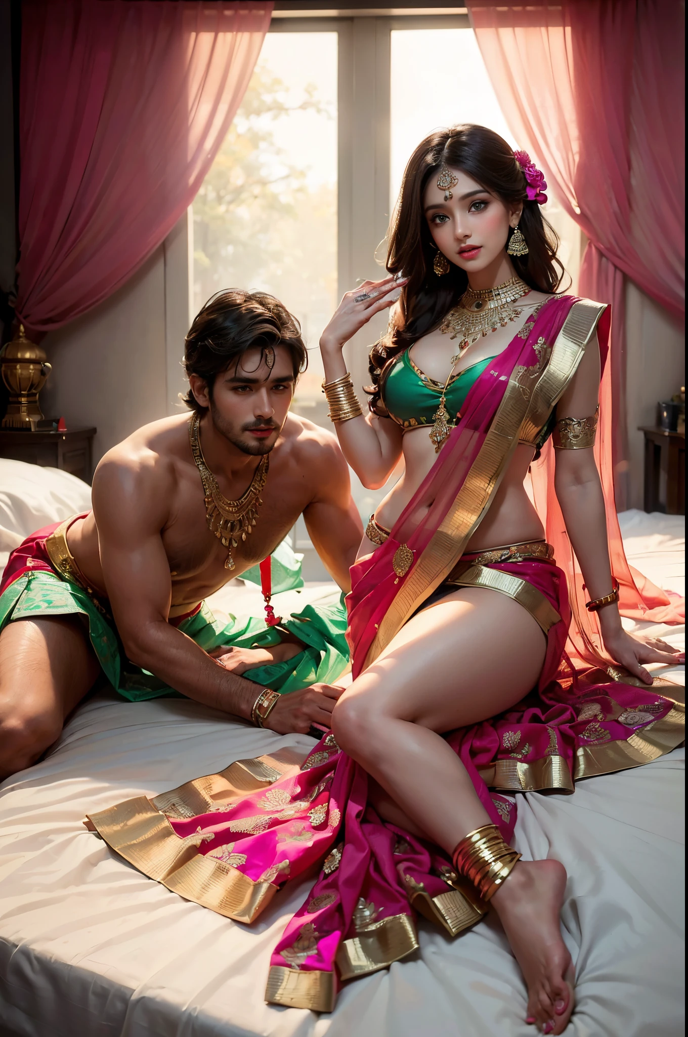 (generate a beautifull india wearing saree, with her brother, hugging, bedroom, (show cleaveage), beautifull face, pretty face, beautifull eyes, beautifull nose, raytracing, beautifull fingers, beautifull hands, (4 fingers in 1 hand), full body photoshoot, pretty makeup, perfect anatomy, good lighting, professional photoshoot, sharp eye, fresh lips