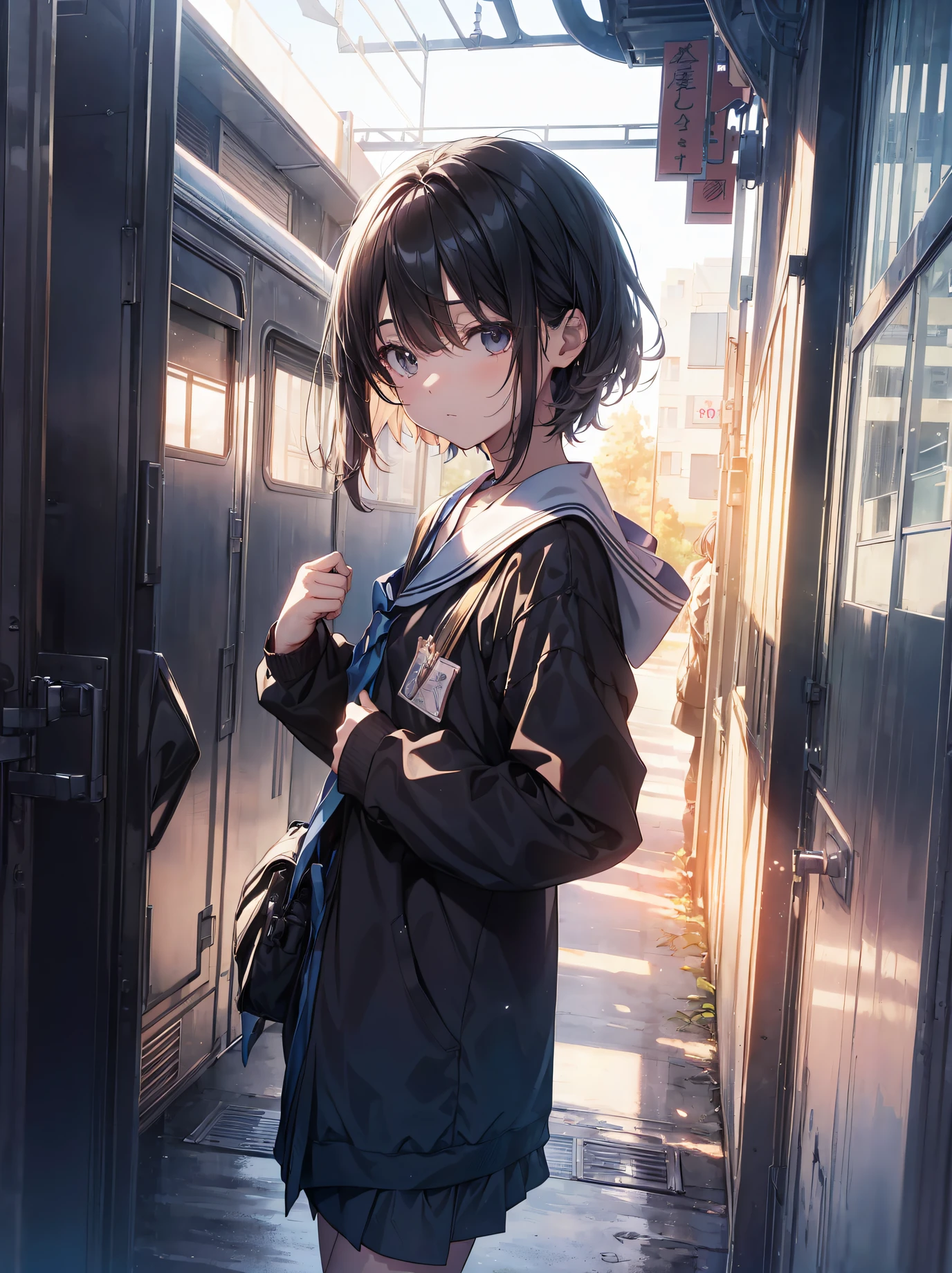 Super high quality by the art god, Ultra-detailed, High resolution, Gwise Style, anime moe art style, best anime 8K konachan wallpaper, Pixiv Contest Winner, Perfect Anatomy, BREAK,(Please draw a sleepy girl going to school alone.. ),BREAK, a hyperrealistic schoolgirl, (Solo,Lori,,13yea:1.3),Full limbs, complete fingers,a junior gynous attraction, (Very short hair), hair messy, flat chest, Small butt, groin, Small eyes,Beautiful detailed black eyes, Well-proportioned iris and pupils, disgusted eye, High resolution detailed hair, School uniform, Skirt, On the way to school. BREAK,Ultra-detailed細なスキン, Best lighting by famous artists, 8K, Illustration.