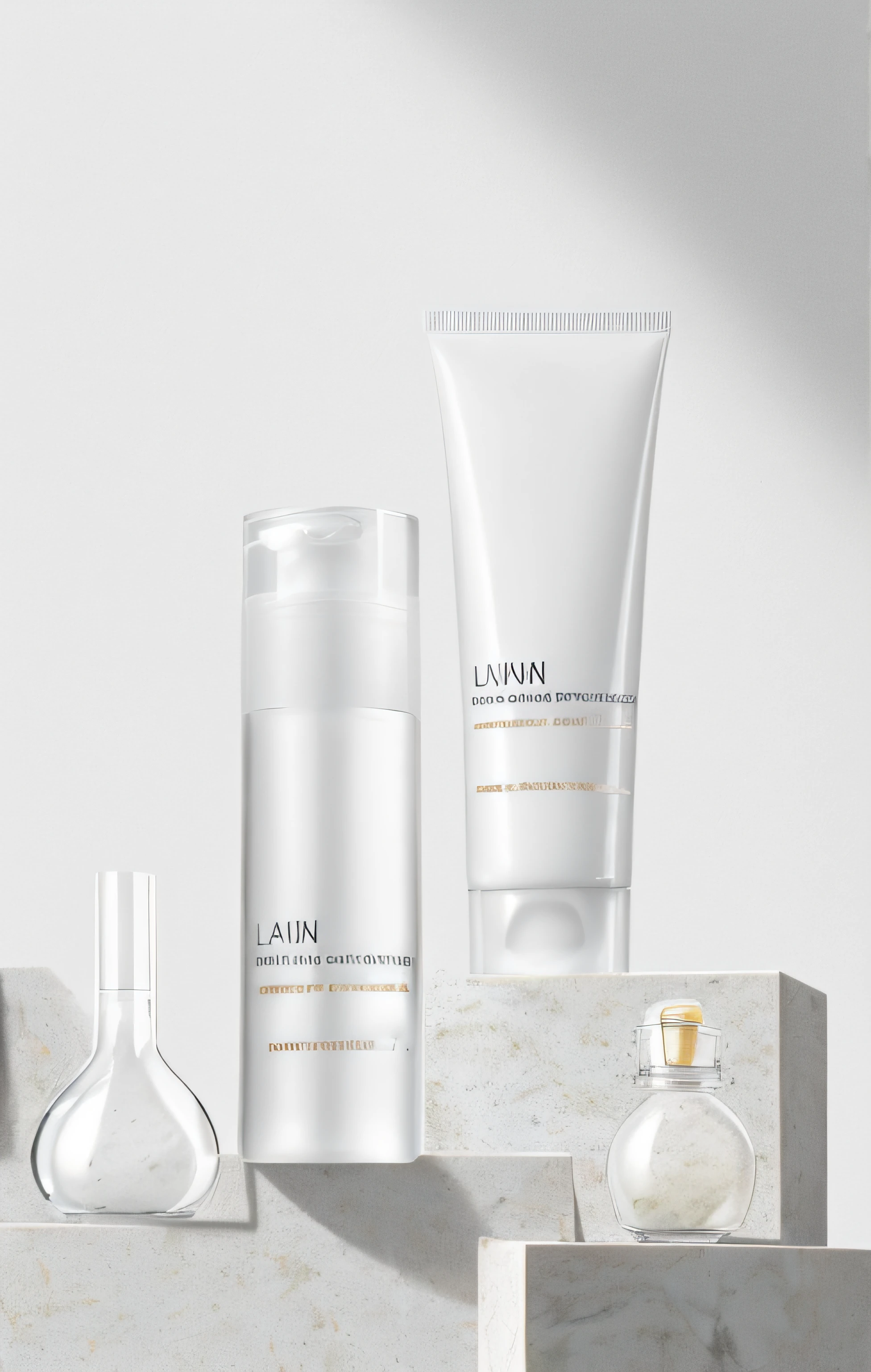 There are three bottles of cosmetics and a glass vase on the shelf, Fair, smooth and translucent skin, Fair and translucent skin, you were before, The lines are clear and smooth, Lungen, high quality topical render, clean face and body skin, Milky skin, product photograph, Okan , Smooth porcelain skin, pure skin, marble white complexion, zmenzheng, product image