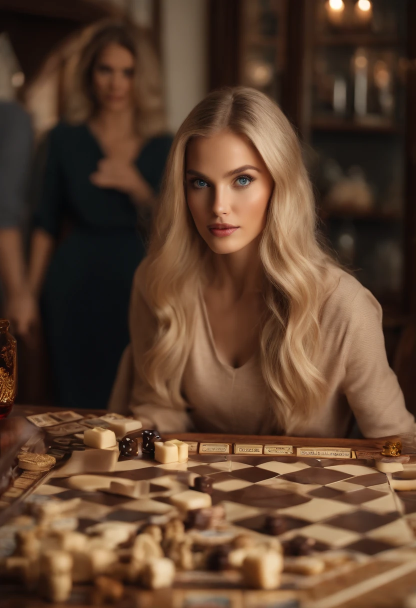 A photo of a family game night with classic board games and snacks on the table.,original,Long blonde hair, blue eyes, thin, a lot of makeup, tries to look younger than she is, likes beige clothes, modest clothes