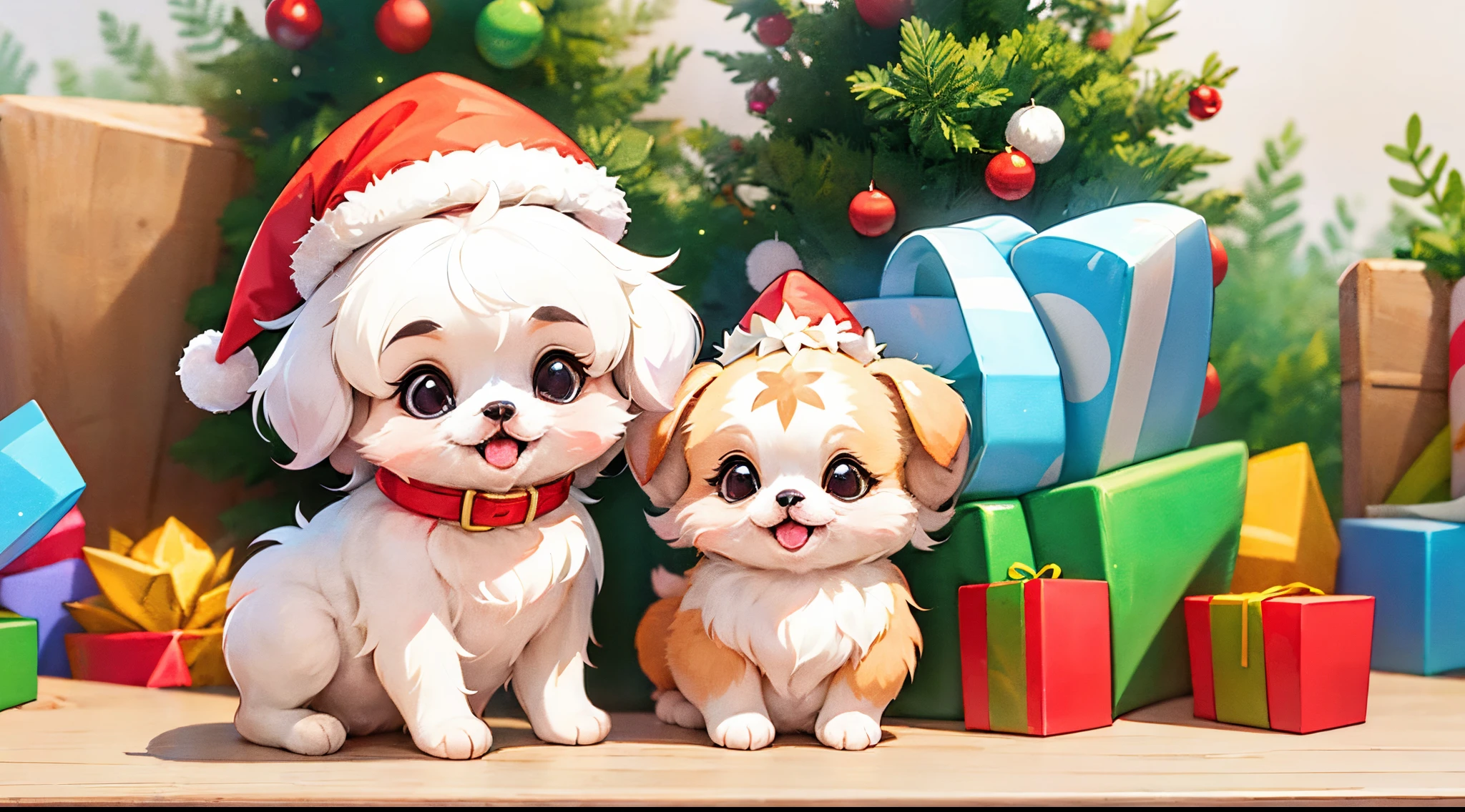 3D vector art、Colorful cute white pekingese dog、wearing a christmas hat, cute christmas present, Ultra-realistic high quality, Cute and quirky, Fantasy Art, Watercolor effect