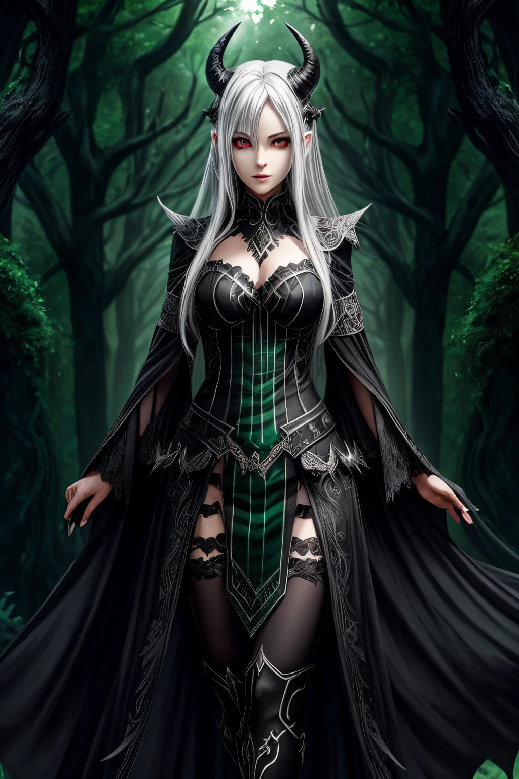 Female demon,silver hair,dark green eye,black horn,dark green and black root tree costume