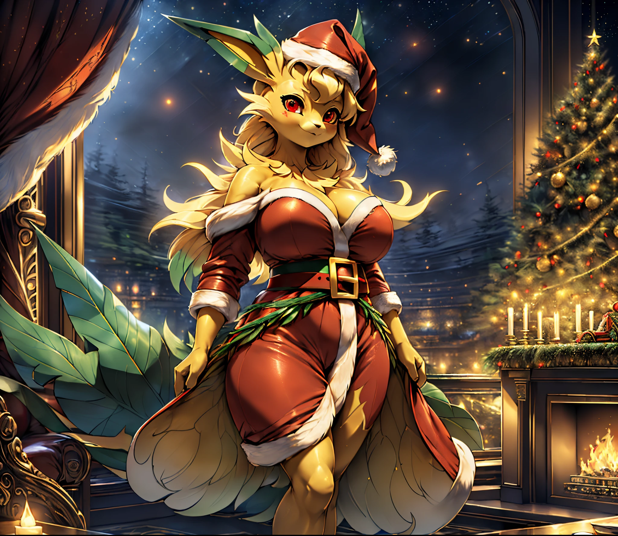 1girl (((Made by Complextree))), ((Leafeon)), ((solo)), ((big and firm breasts, antrum, extremely detailed, extremely detailed legs, extremely detailed arms, extremely detailed face, perfectly detailed eyes,perfectly detailed anatomy, Red Eyes, Wearing Santa Claus Cosplay, Luxury Apartment, Can see the Night Time Sweden landscape))