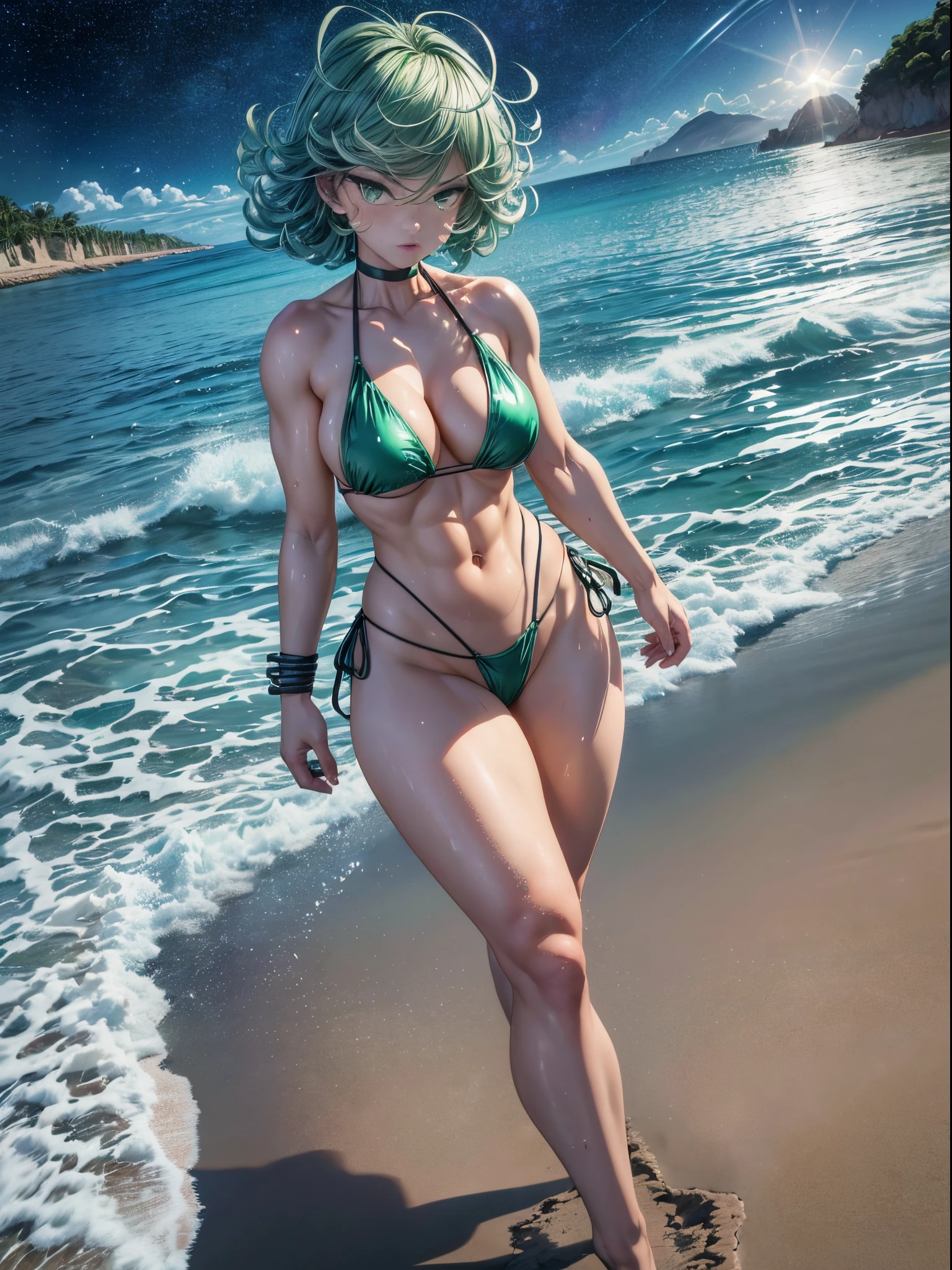 Tatsumaki de um homem de soco, cabelo verde curto, olhos verdes, peito pequeno, (((wearing bikini))), whole body view, (Standing on the beach at night with starry sky and full moon), (((pernas musculosas))), cintura fina, muscle in the stomach, bunda grande, (((foto de corpo inteiro))), barefoot, ((( Stepping on the camera))), (de mau humor), ( eye reflection, olhos brilhantes , olhos brilhantes, Emburrado, anime, minimalismo, estilo anime, ray tracing, Cinematic lighting, Cinematic lighting, brilho, brilho, Artefatos JPEG, luz brilhante, raios de deus, ray tracing, sombra projetada, panorama, Sony FE, from behind, de baixo, de baixo, UHD, master part, ccurate, ccurate, anatomicamente correto, Super Detalhe, alta qualidade, best quality, Altas, 16k