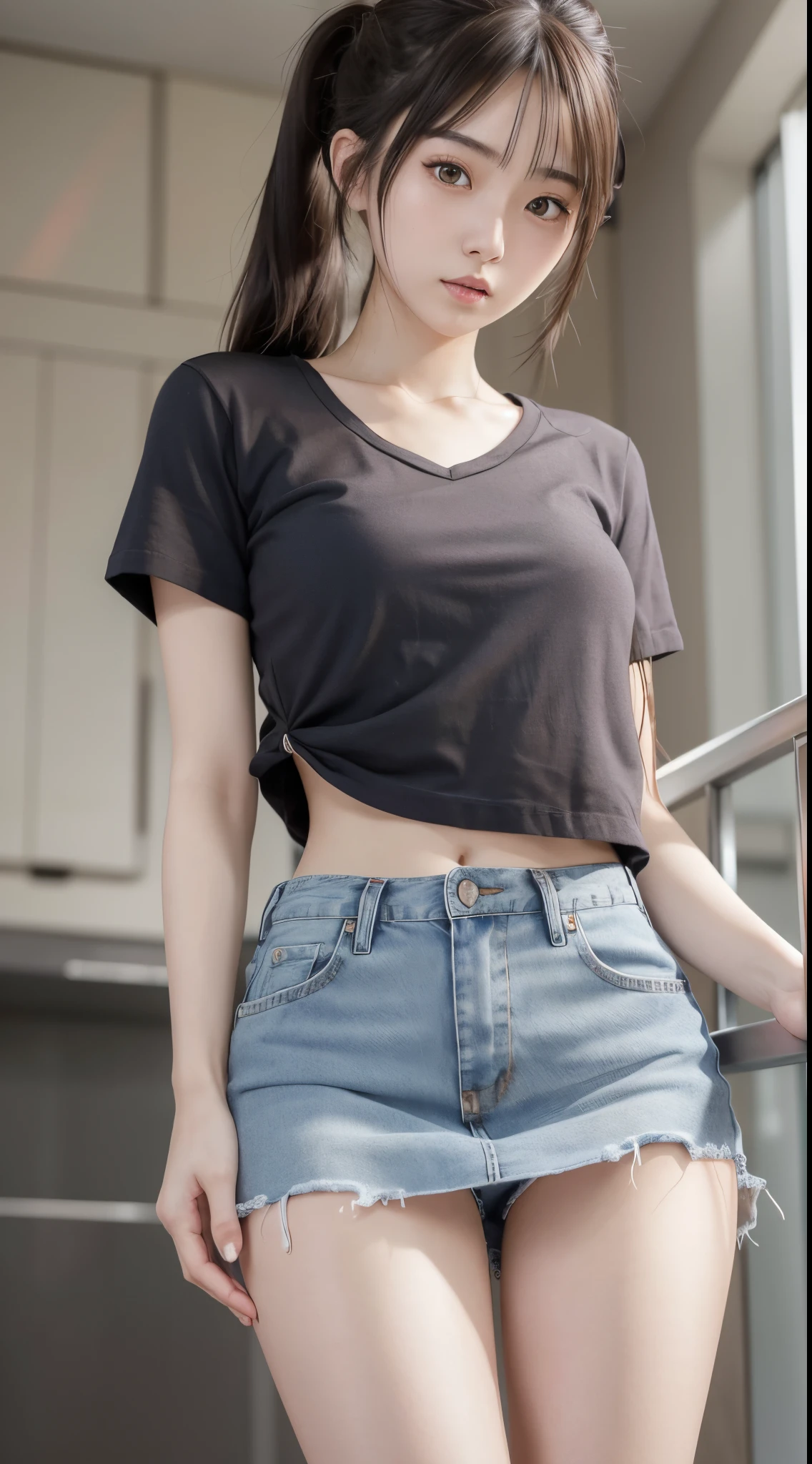 Japan Girl,beautiful girlfriend,a beauty,Raw foto,8K,Gray T-shirt and jeans miniskirt,((poneyTail,Trailing hair)),Brown hair,A detailed face,Detailed skin,Detailed eyes,(Slim body:1.3),ite girl in,About 23 years old,evening,