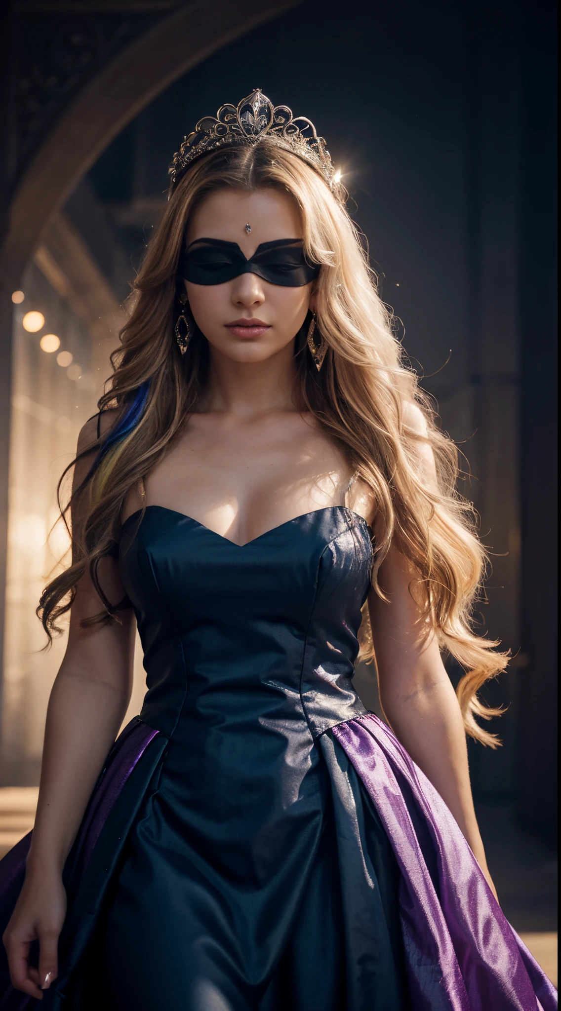 Generate an image of a blonde woman wearing a flowing dress. Her hair has streaks of multicolored highlights, and she accessorizes with crystal earrings and a tiara. The dress is designed with a gradient pattern, showcasing the influence of various art styles such as surrealism and gothic art. The composition includes cinematic lighting, depth of field, and possibly a blindfold or mysterious elements to add an intriguing touch to the scene. The focus remains on the woman's beauty, incorporating the keywords provided by SeaArt.