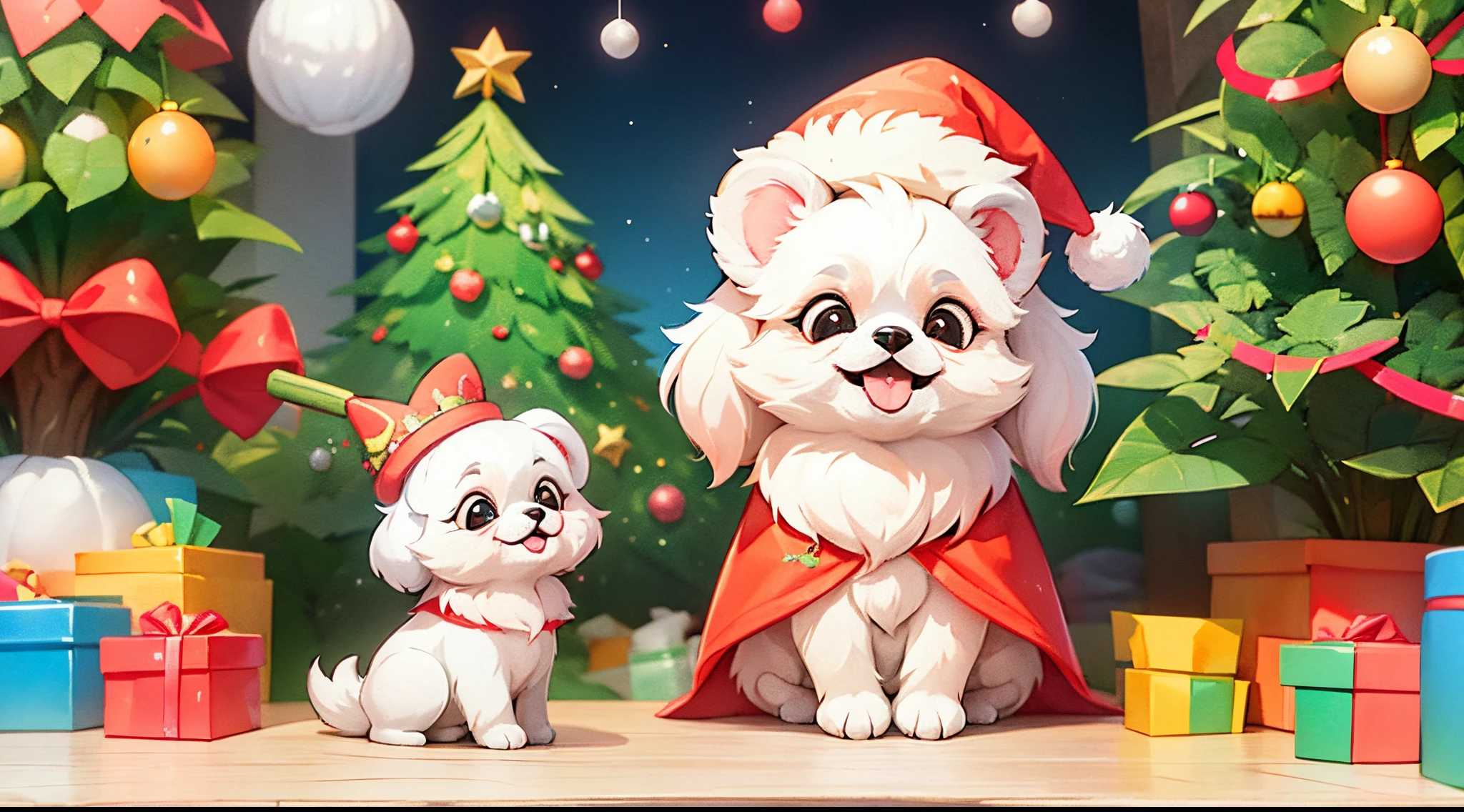 3D vector art、Colorful cute white pekingese dog、wearing a christmas hat, cute christmas present, Ultra-realistic high quality, Cute and quirky, Fantasy Art, Watercolor effect