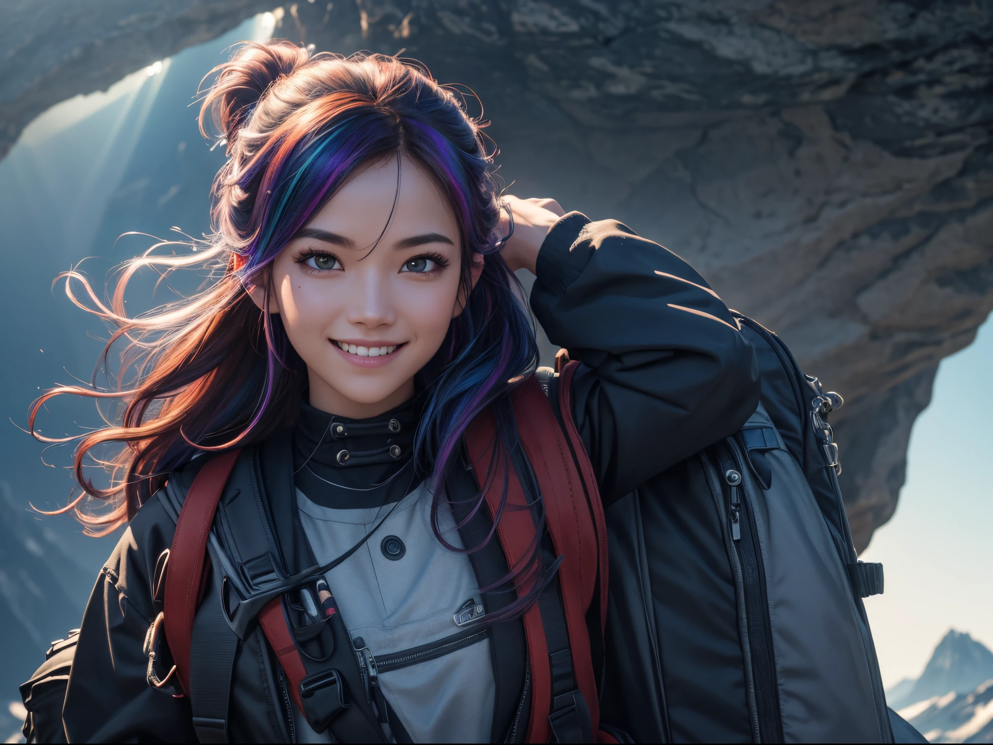 A woman with a backpack, Standing on the top of the mountain and looking into the distance, mountain ranges, multicolored hair, hairclip, hollow eyes, eyeball, longeyelashes, covering ears, light smile, grin, grin, serious, expressionless, modern, depth of field, cinematic lighting, ray tracing, god rays, UHD, 4K, best quality, super detail, textured skin, anatomically correct, high details, high quality, award winning