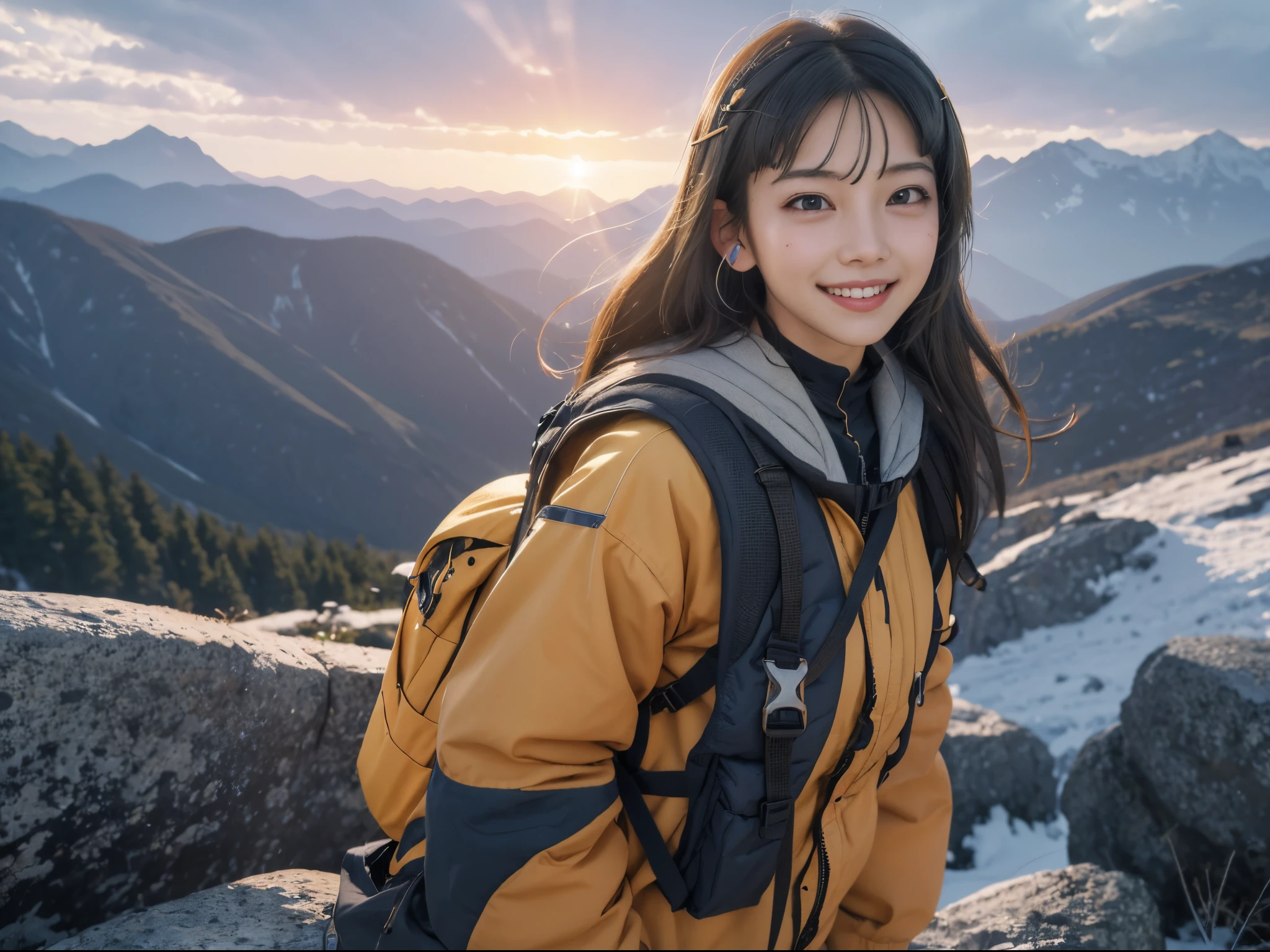 A woman with a backpack,1 woman,sideface,full bodyesbian, Standing on the top of the mountain and looking into the distance, mountain ranges, Colorful hair, hair pin, vacant eyes, eyeballs, Long eyelashes, covered their ears, light smile, grinning smile, grinning smile, Serious, face expressionless, modern, depth of fields, 电影灯光, Ray traching, god light, hyper HD, 4K, Best quality at best, super detailing, ctextured skin, Anatomically correct, high detal, high qulity, Award-Awarded