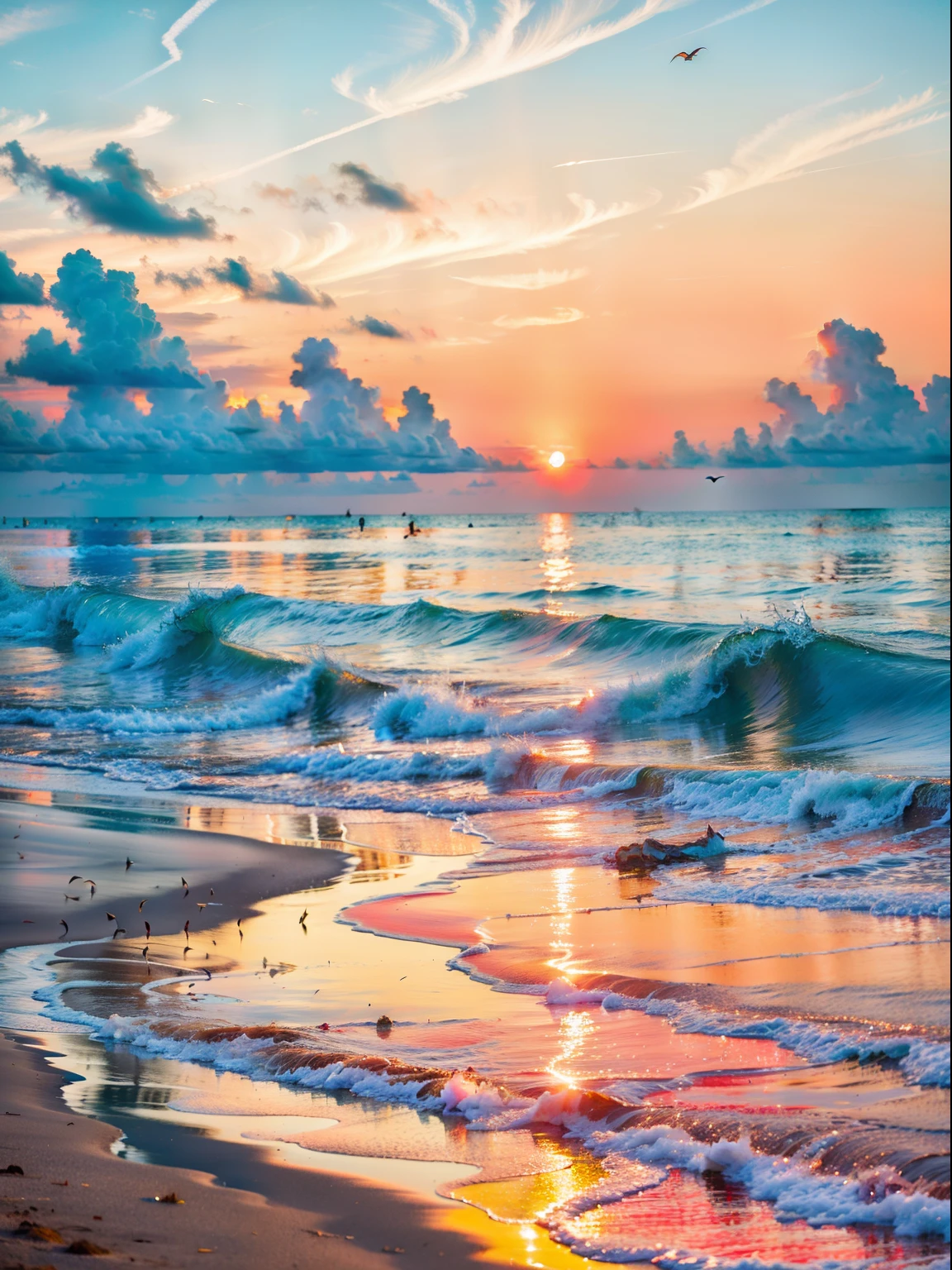 Absolutely mesmerizing sunset on the beach with a mix of oranges, pinks and yellows in the sky. The water is crystal clear, gently kissing the shore, and the white sand is endless. The scenes are action-packed and breathtaking, with seagulls soaring high in the sky and palm trees swaying gently. Immerse yourself in the calm atmosphere and let the serenity surround you.