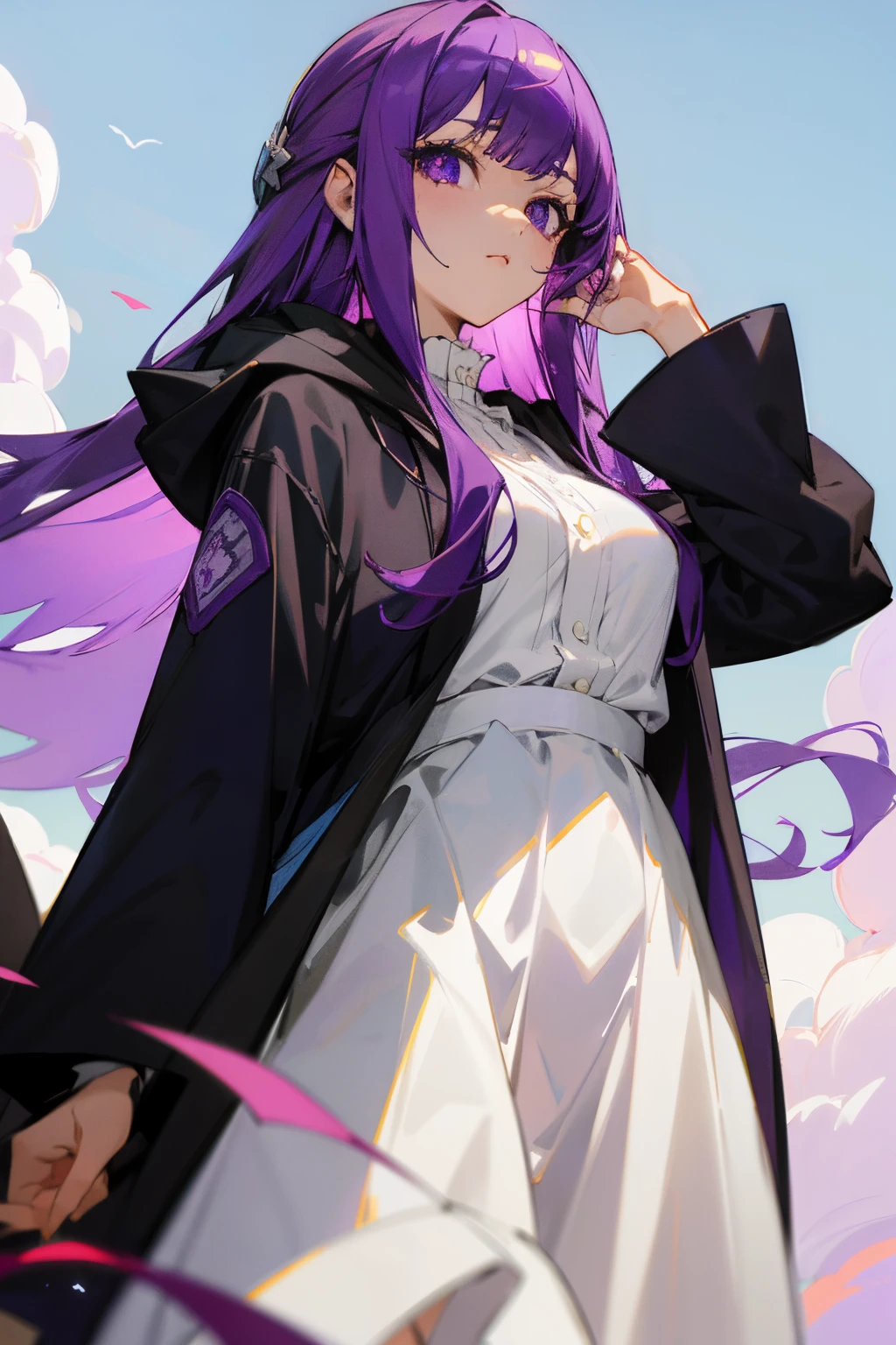 （（tmasterpiece，Best quality））1girll，Purple colored hair，独奏， Ultra-detailed eyes，Purple colored hair, Long gray hair,side locks, hair adornments,a purple eye, hood down,white  shirt,jaket,Open your clothes,centerpiece,with blue sky and white clouds