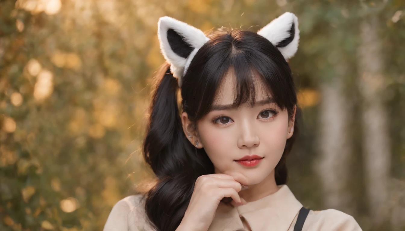 black hair, hair bobbles, wince, longeyelashes, solid circle eyes, fake animal ears, light smile, ear blush, fang, Surrealism, drop shadow, anaglyph, stereogram, tachi-e, pov, atmospheric perspective, zoom layer, 8k, super detail, ccurate, best quality