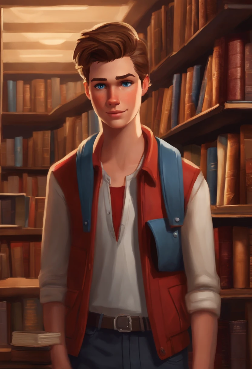 A photo of Nathan at a vintage book store, angrily flipping through a stack of books,Life is Strange video game series,Nathan is a age boy with blue eyes, slicked back light brown hair, light freckles, wears a red letterman jacket, mean expression
